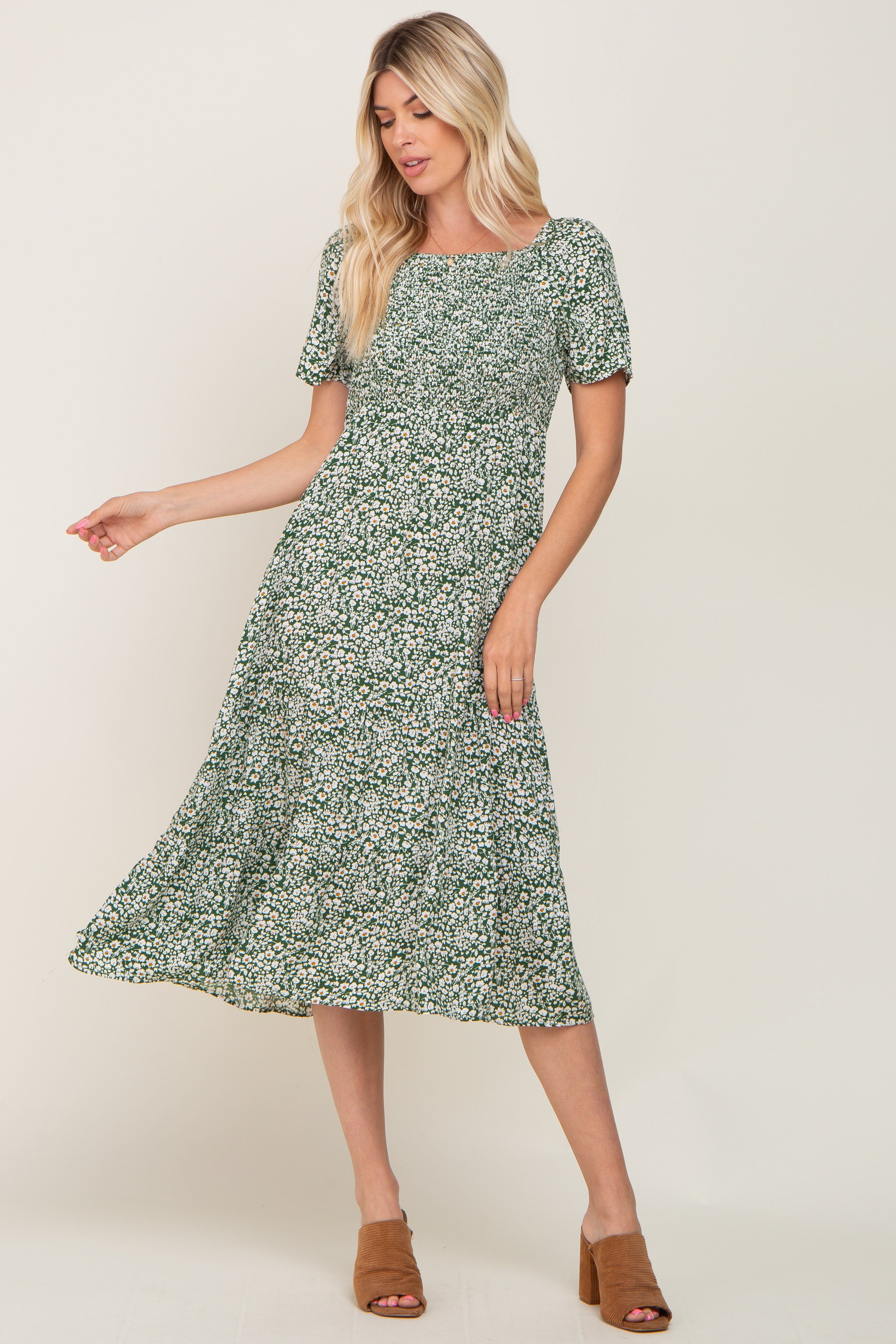 Green Floral Smocked Off Shoulder Midi Dress sold by Pinkblush