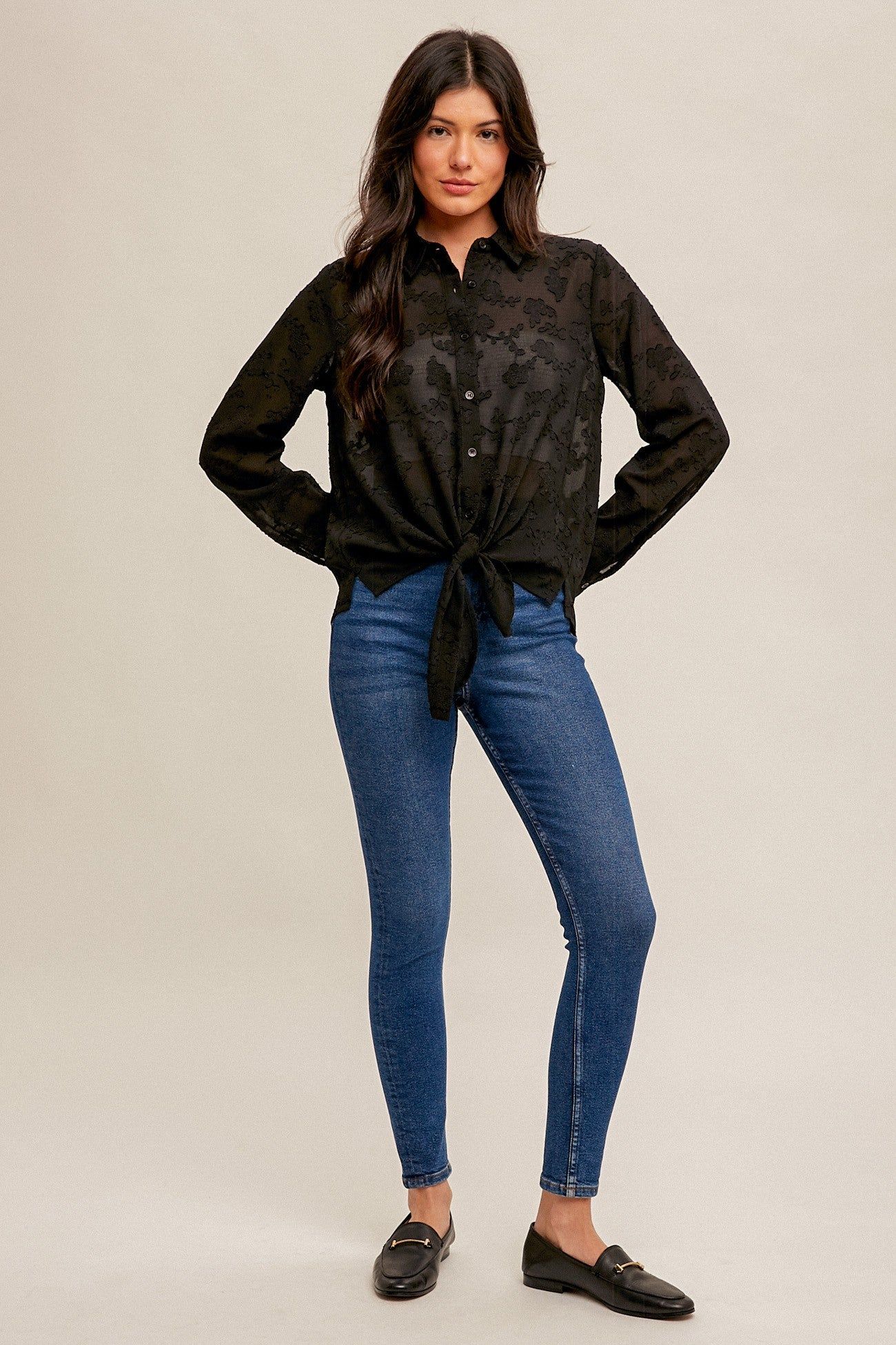 Black Tie Waist Chiffon Jacquard Button Down Blouse sold by Pinkblush product image thumbnail 4