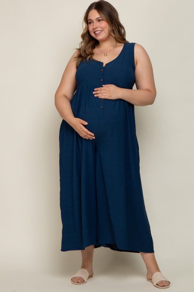 Navy Blue Button Front WIde Leg Maternity Plus Jumpsuit sold by Pinkblush product image thumbnail 5