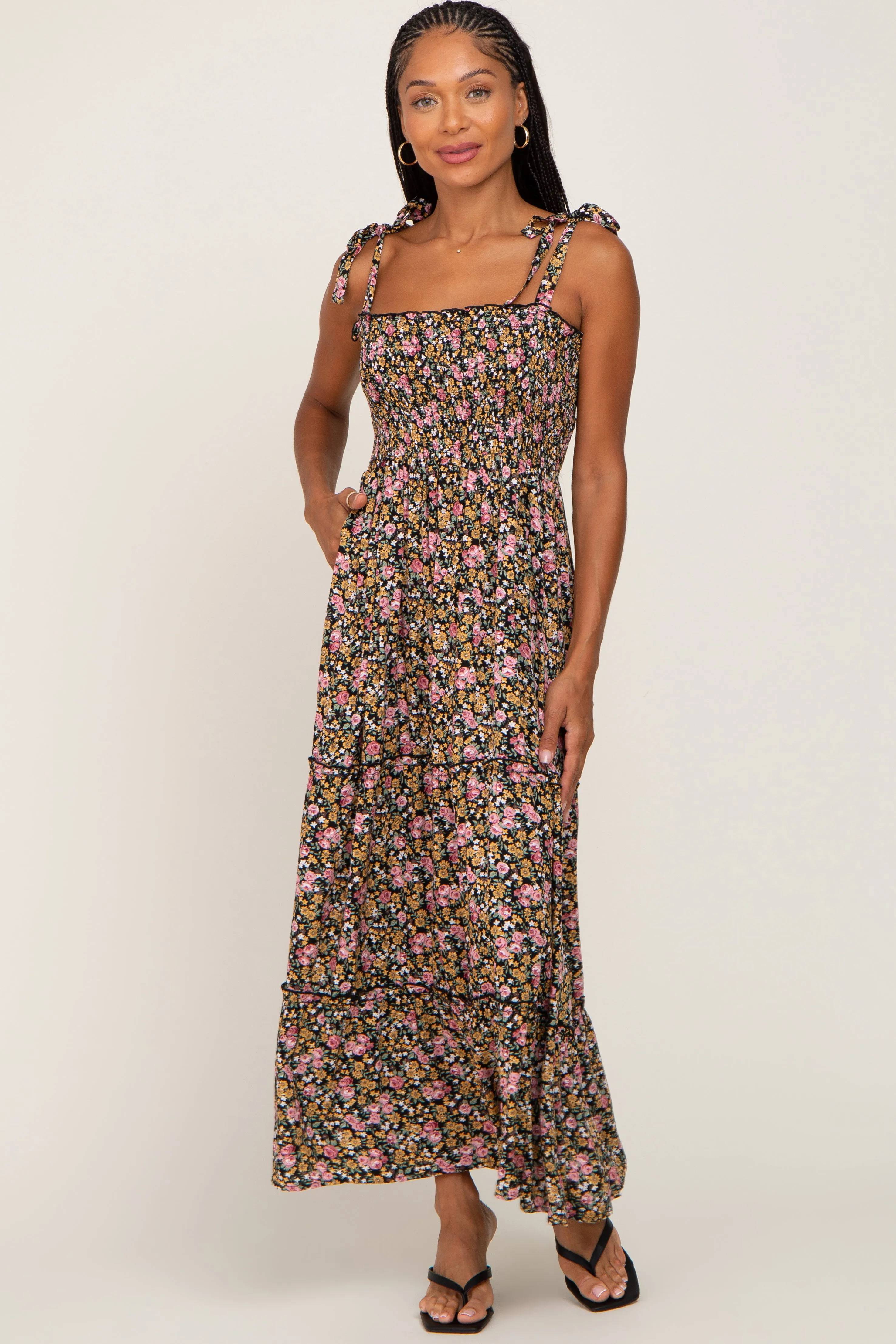 Black Multi-Color Floral Sleeveless Tiered Maxi Dress sold by Pinkblush product image thumbnail 5