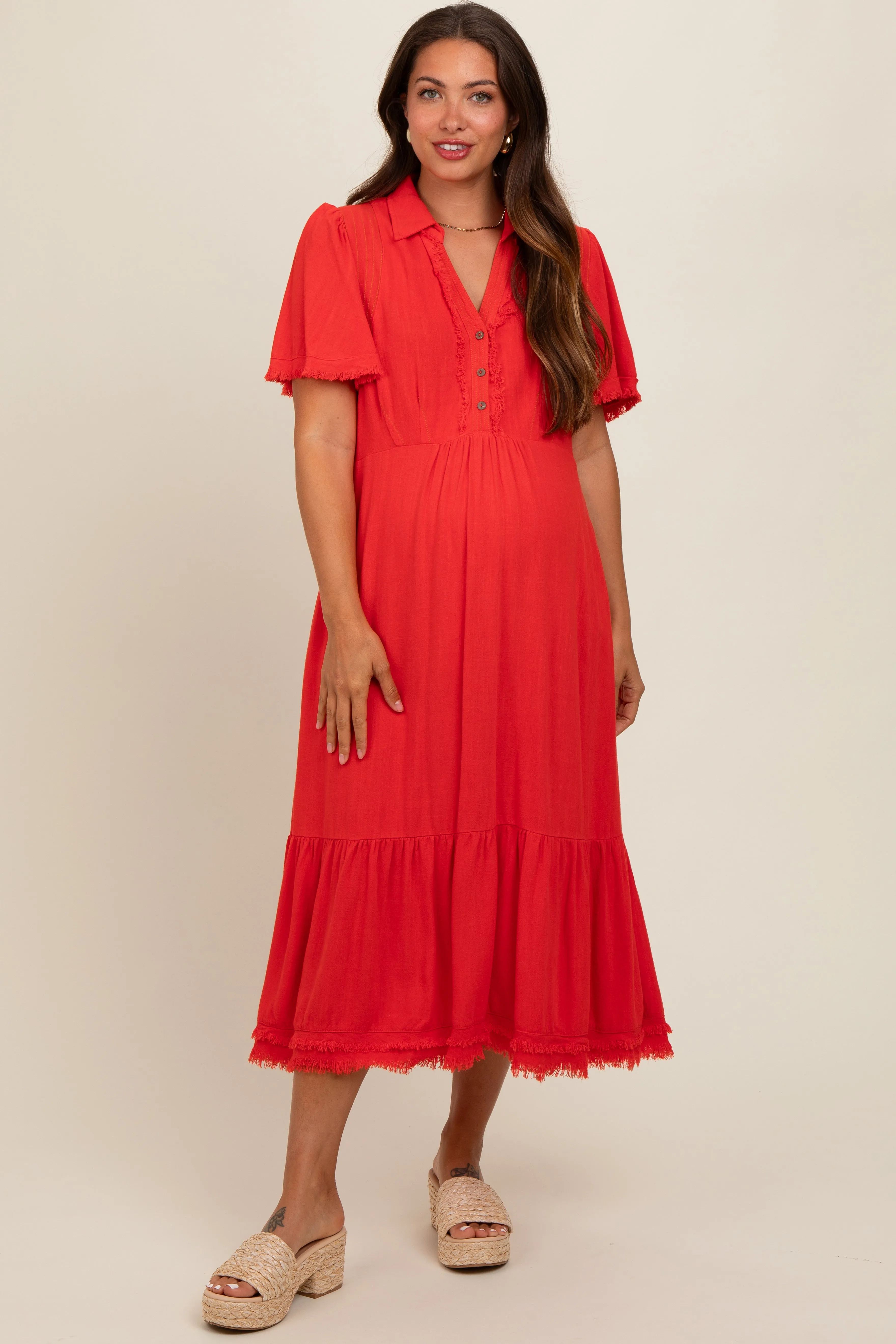 Red Collared Pocketed Maternity Midi Dress sold by Pinkblush product image thumbnail 3