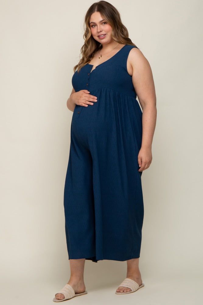 Navy Blue Button Front WIde Leg Maternity Plus Jumpsuit sold by Pinkblush product image thumbnail 2