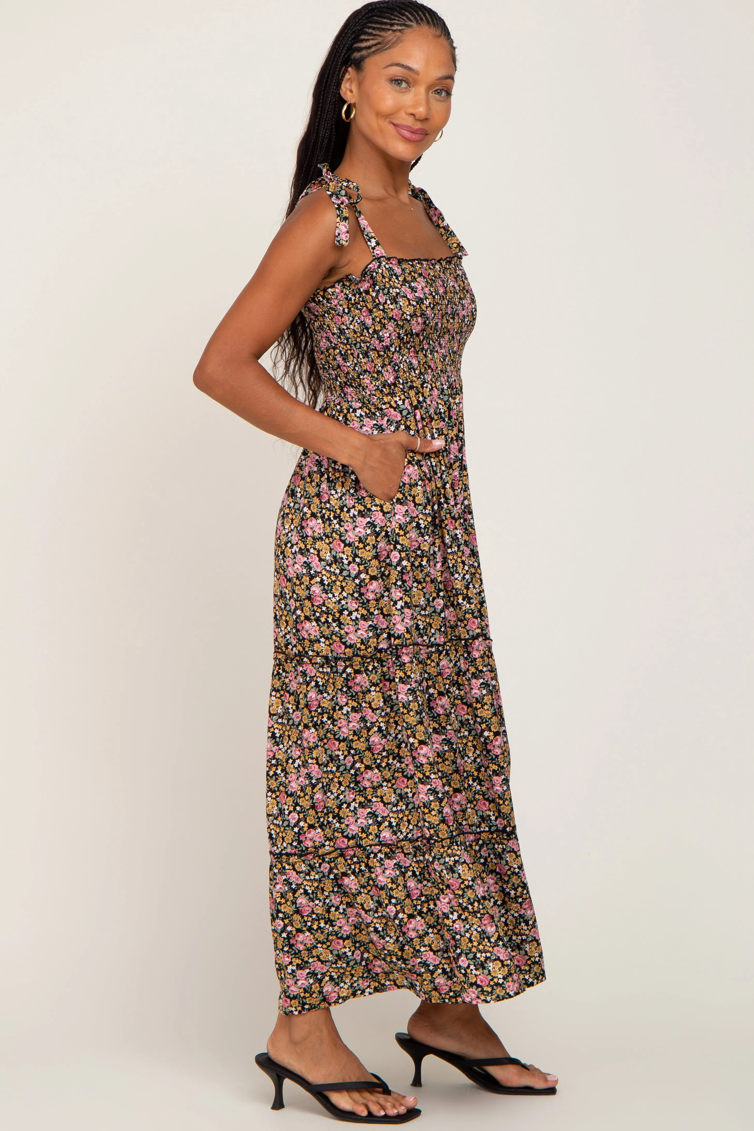 Black Multi-Color Floral Sleeveless Tiered Maxi Dress sold by Pinkblush product image thumbnail 2