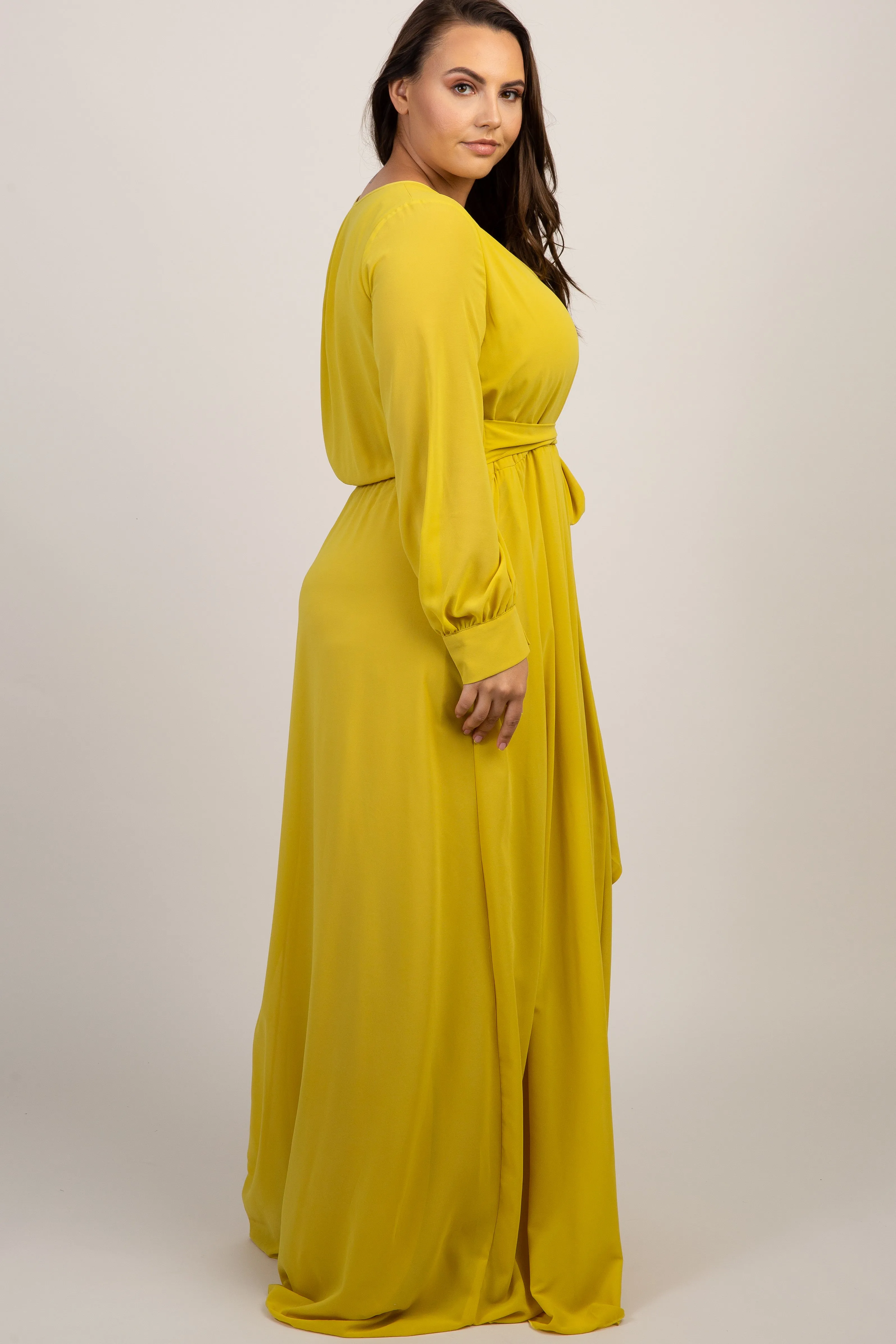 Yellow Chiffon Long Sleeve Plus Maxi Dress sold by Pinkblush product image thumbnail 2
