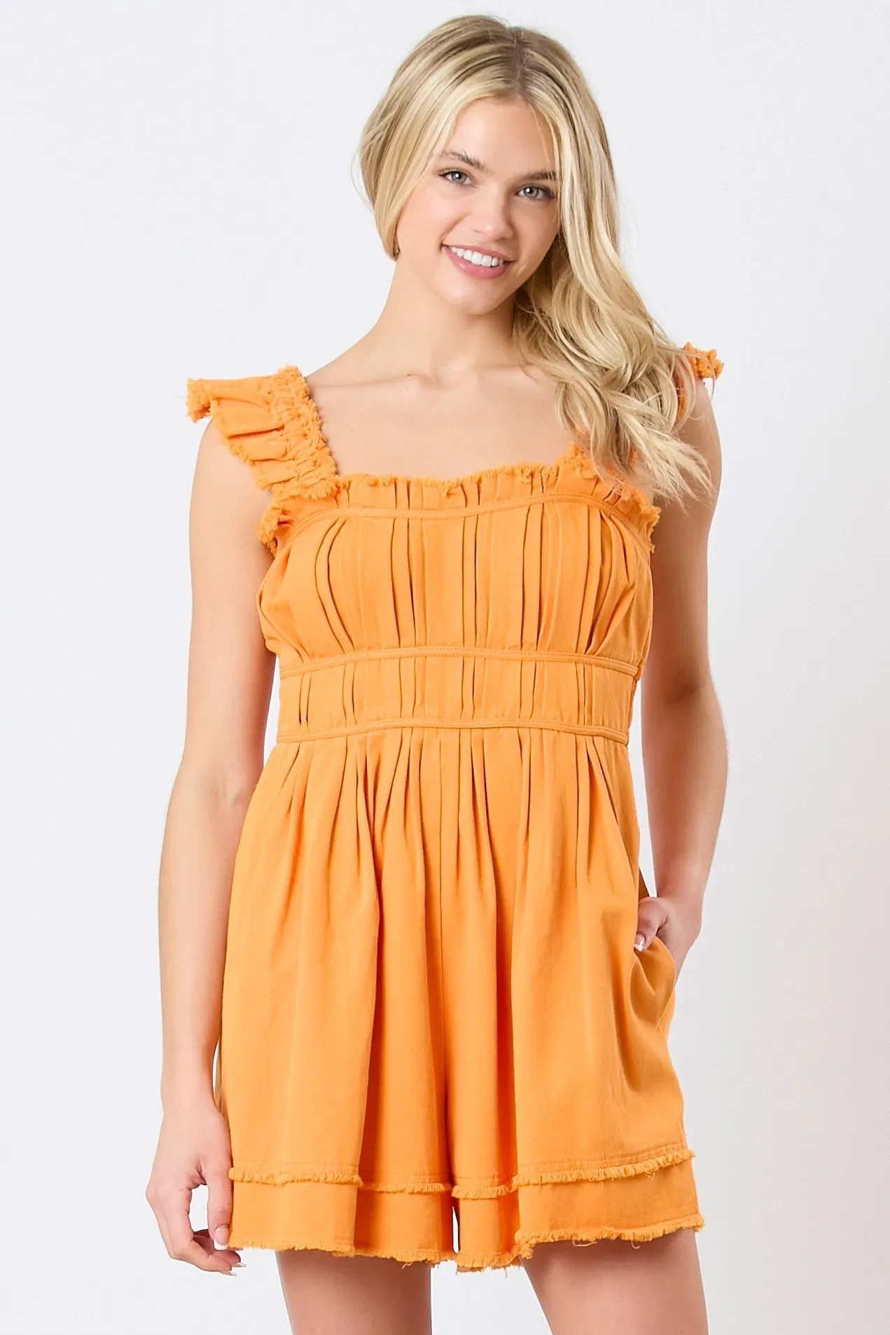 Orange Mineral Washed Twill Denim Romper sold by Pinkblush