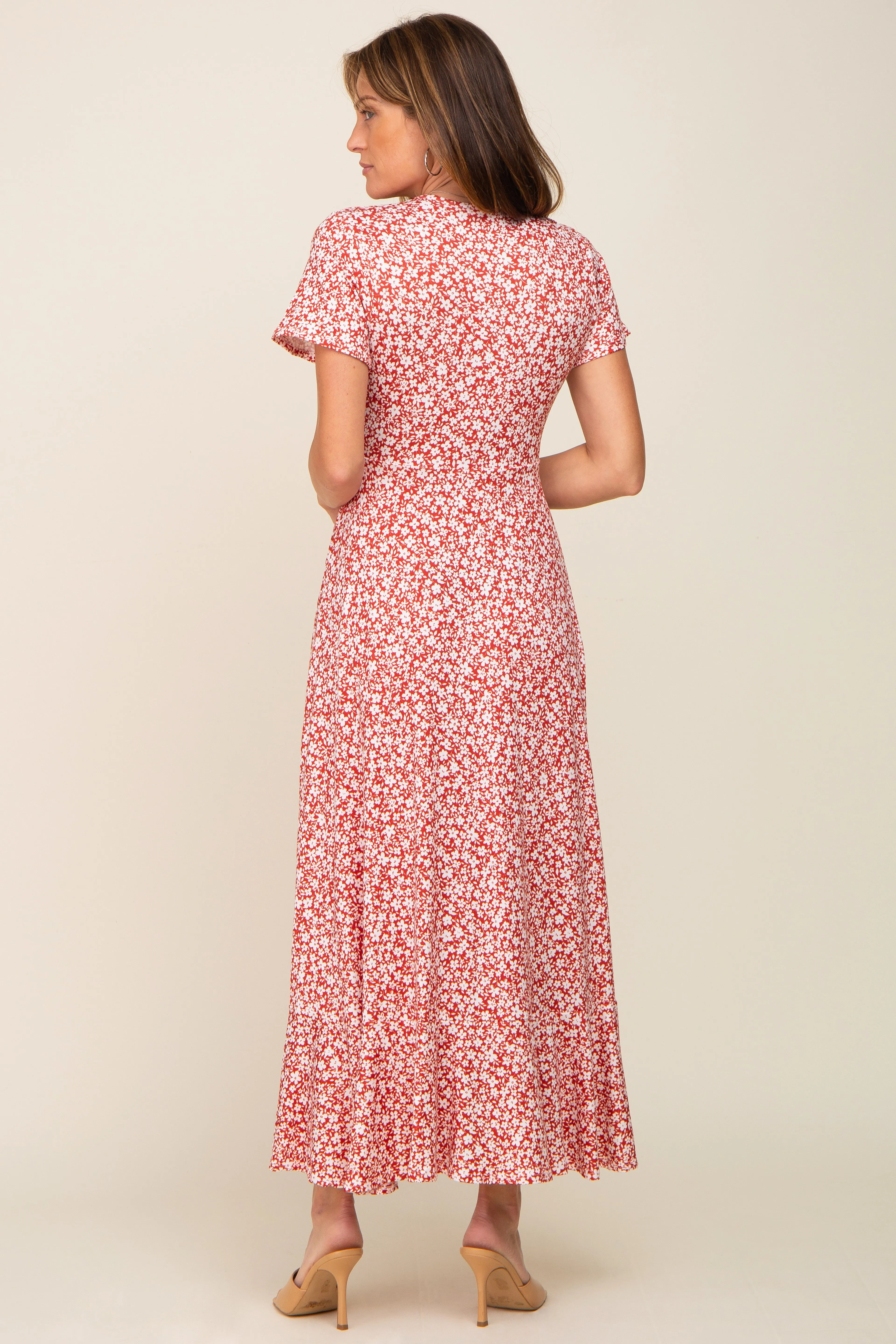 Red Floral Short Sleeve Wrap Maxi Dress sold by Pinkblush product image thumbnail 3