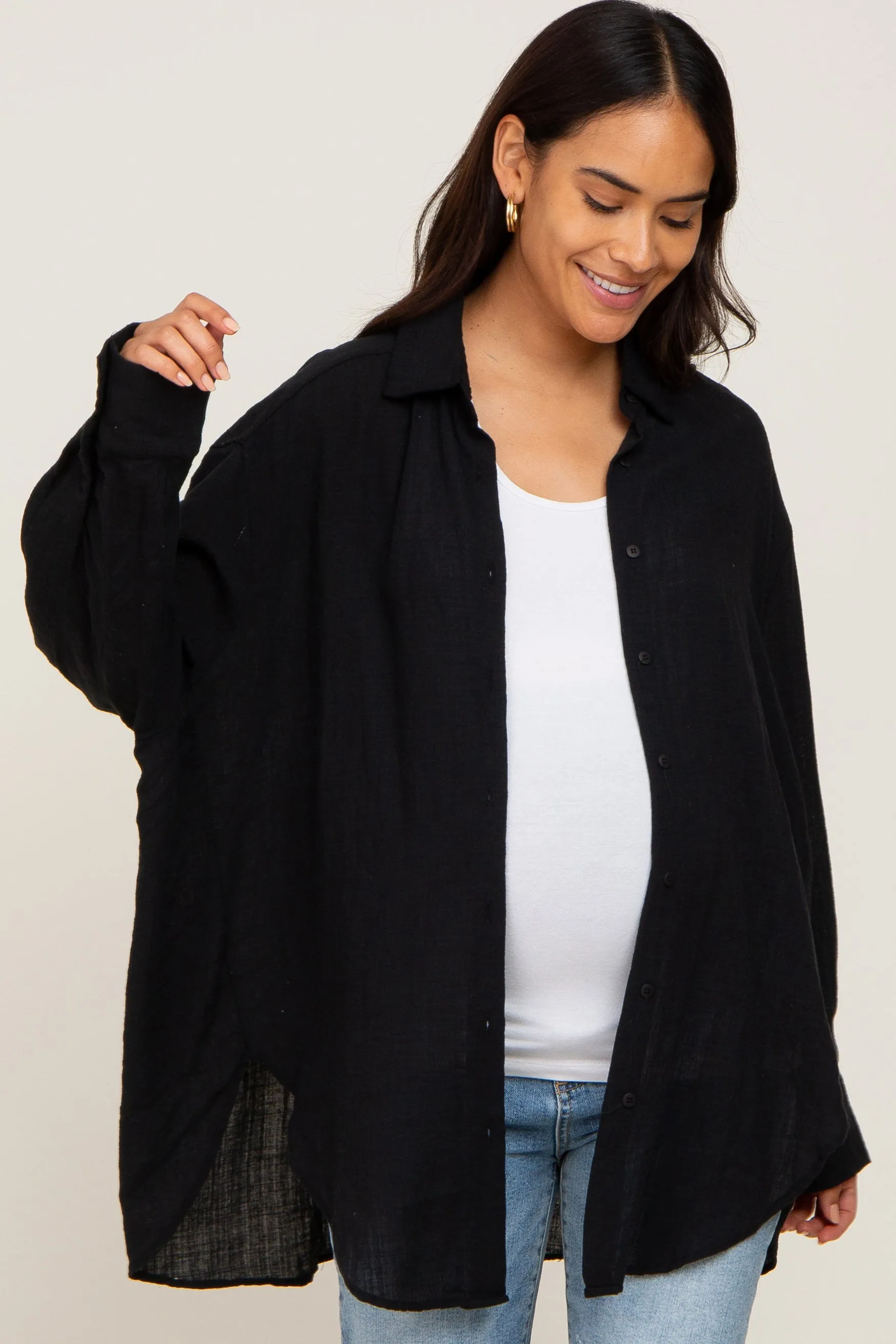 Black Lightweight Sheer Button Down Maternity Blouse sold by Pinkblush