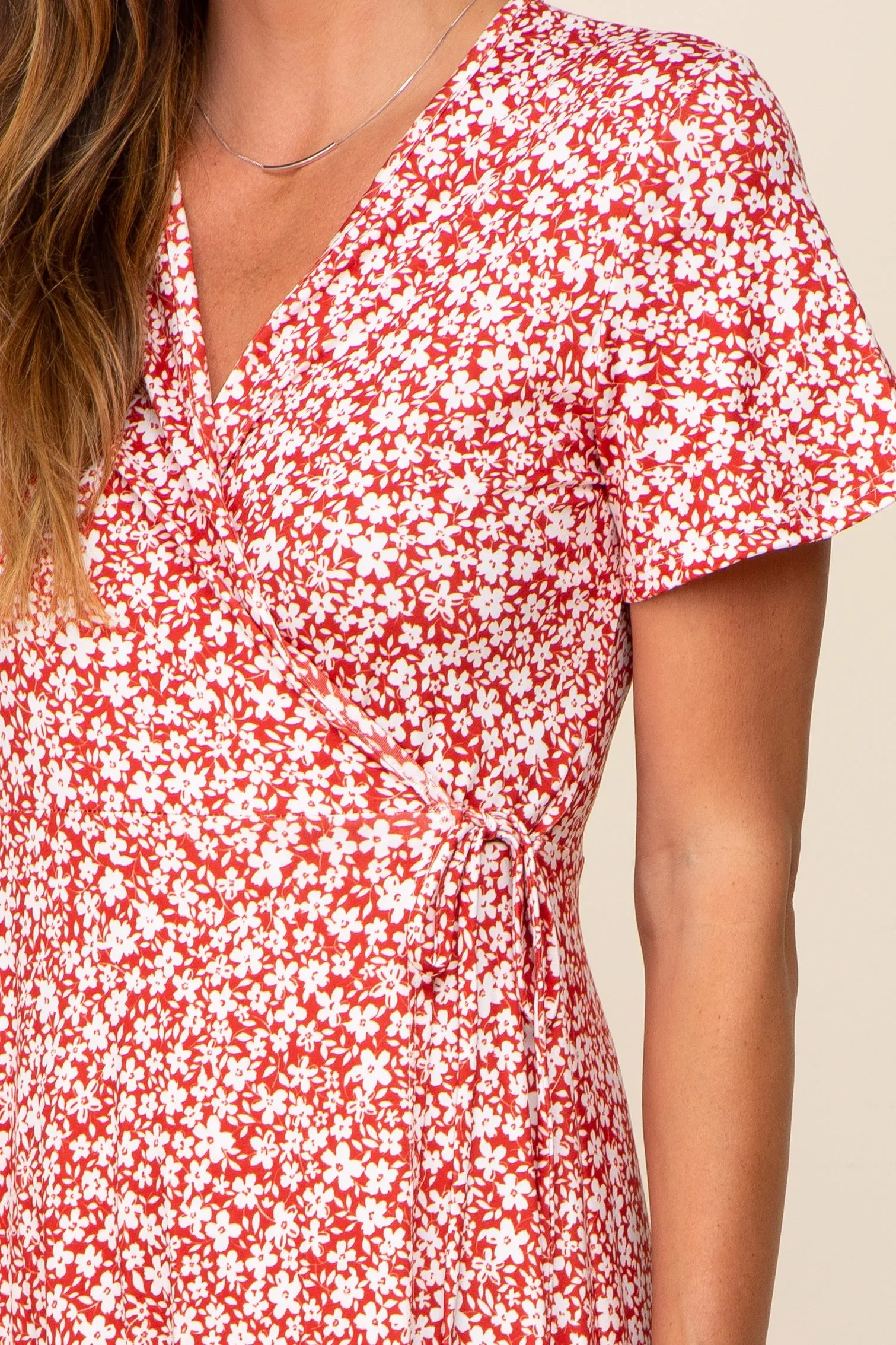 Red Floral Short Sleeve Wrap Maxi Dress sold by Pinkblush product image thumbnail 4