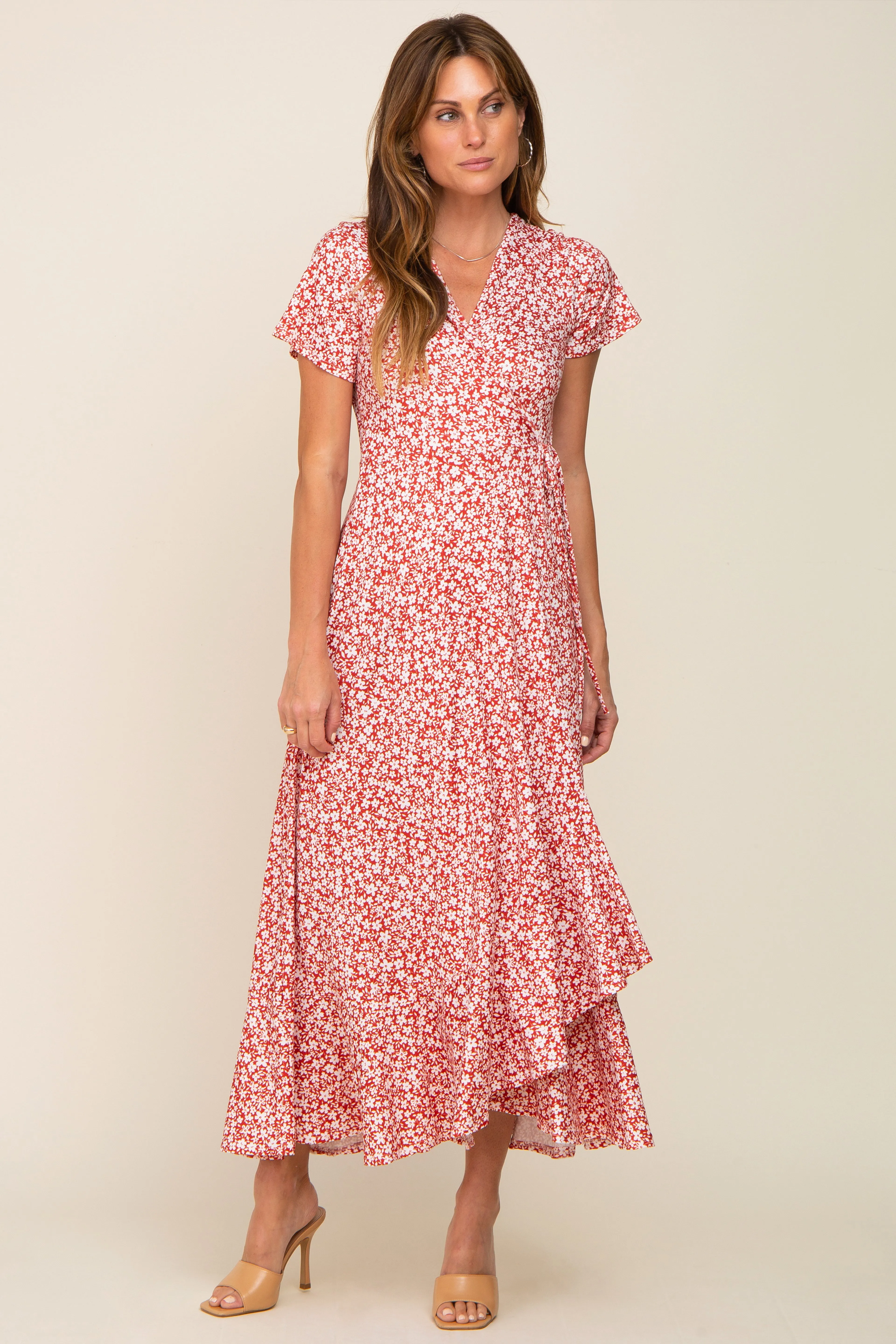 Red Floral Short Sleeve Wrap Maxi Dress sold by Pinkblush