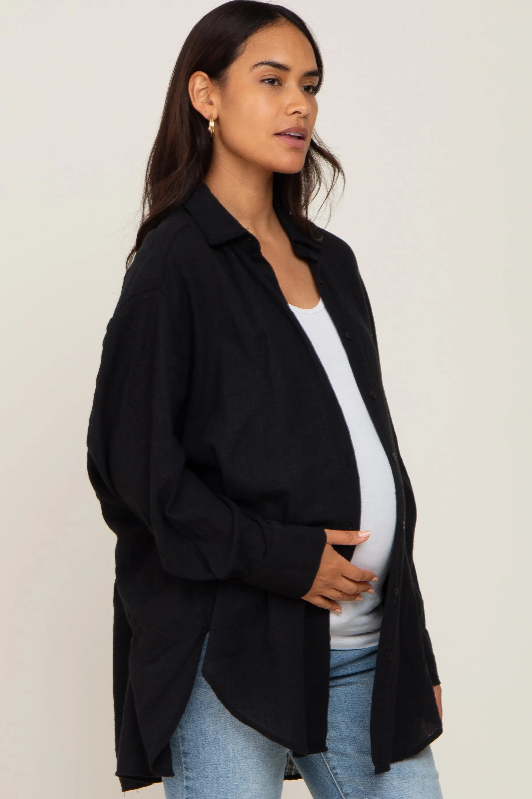 Black Lightweight Sheer Button Down Maternity Blouse sold by Pinkblush product image thumbnail 2