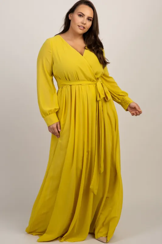 Yellow Chiffon Long Sleeve Plus Maxi Dress sold by Pinkblush