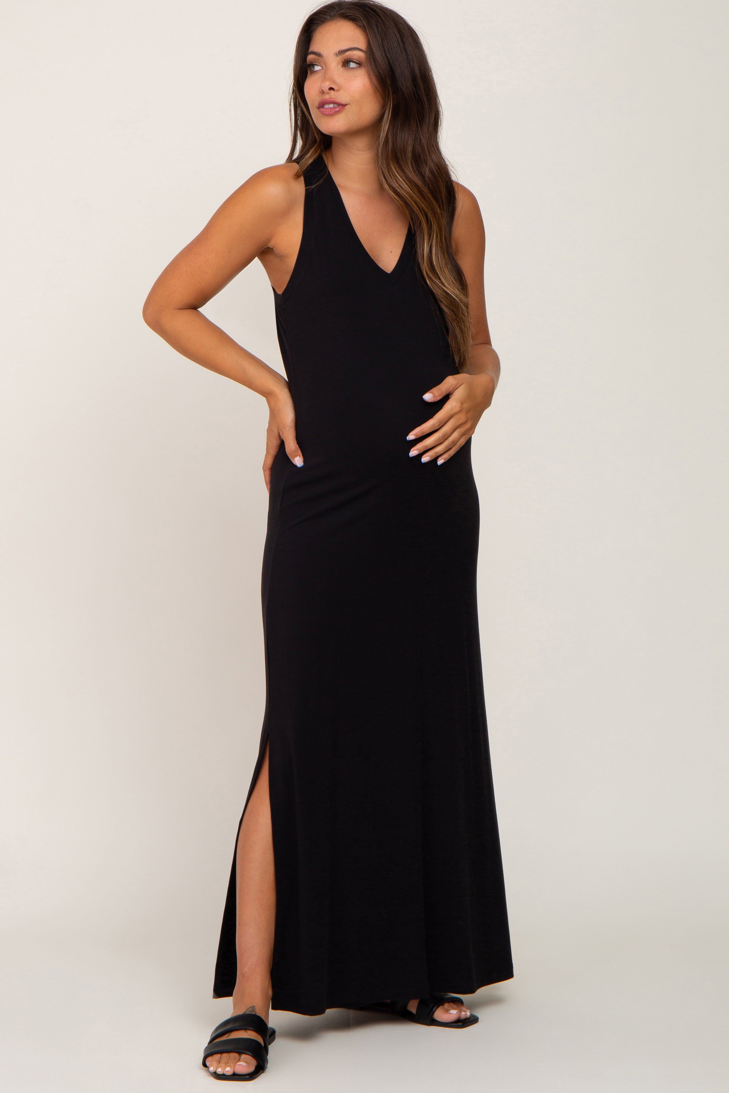 Black V-Neck Side Slit Sleeveless Maternity Midi Dress sold by Pinkblush