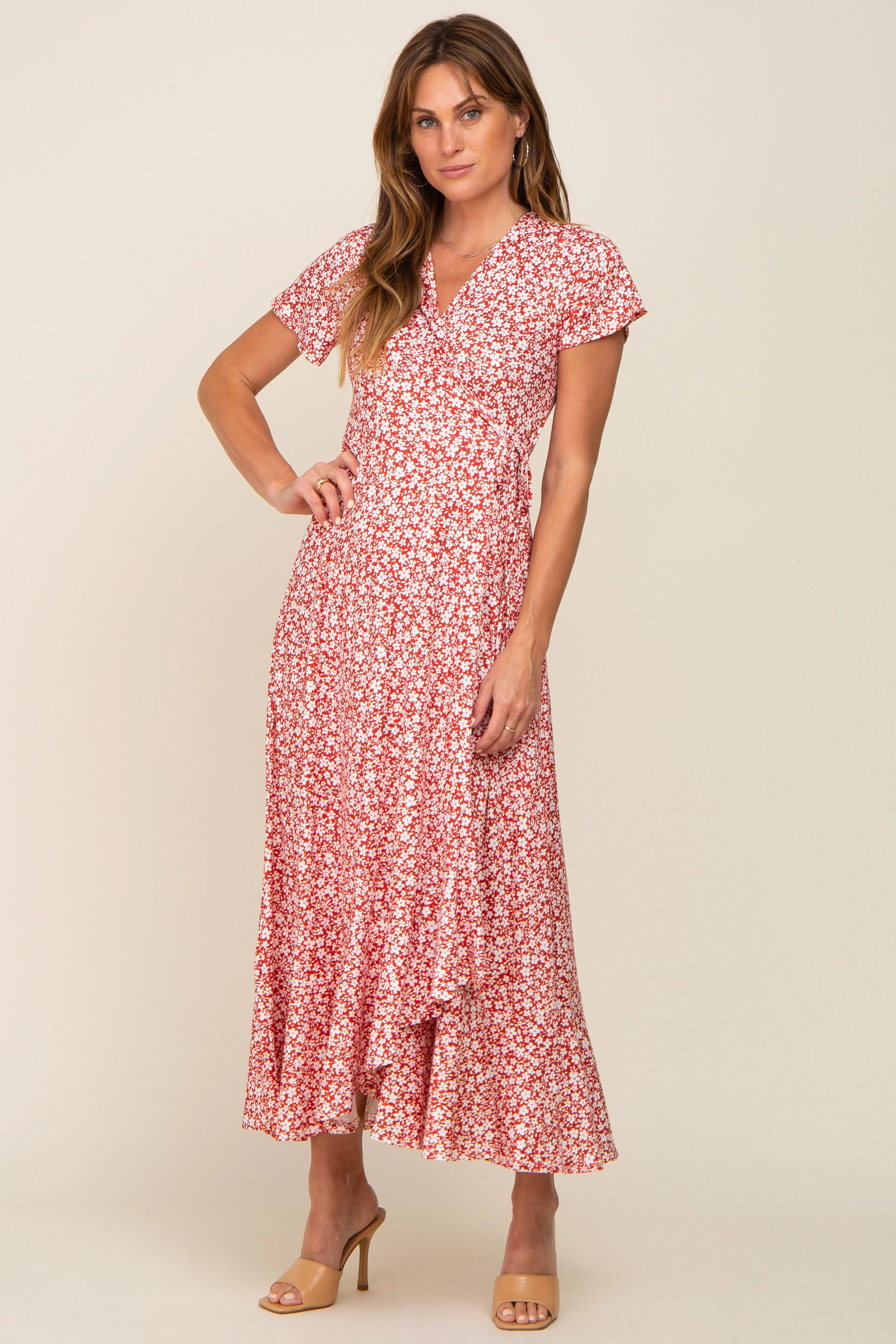 Red Floral Short Sleeve Wrap Maxi Dress sold by Pinkblush product image thumbnail 5