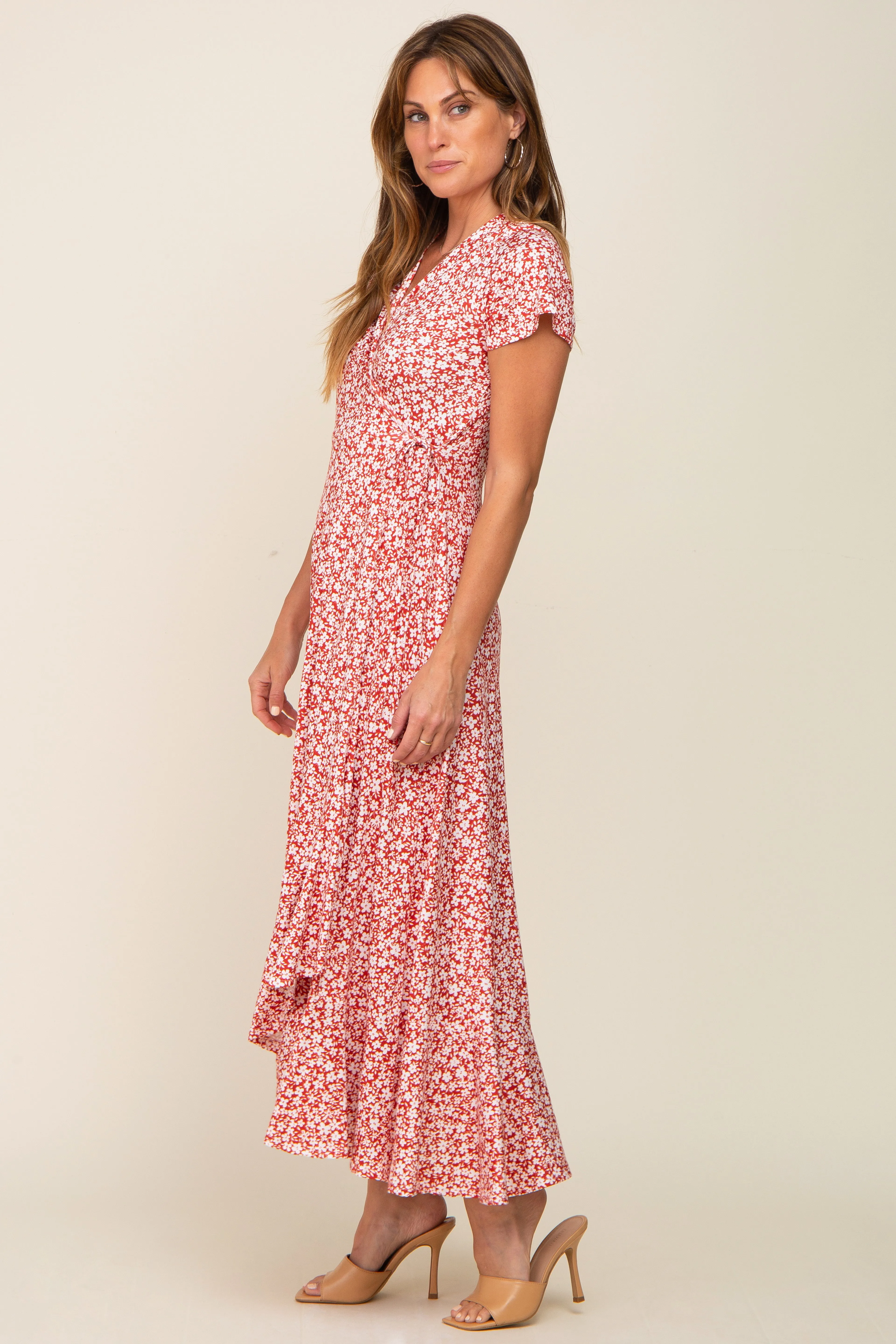 Red Floral Short Sleeve Wrap Maxi Dress sold by Pinkblush product image thumbnail 2