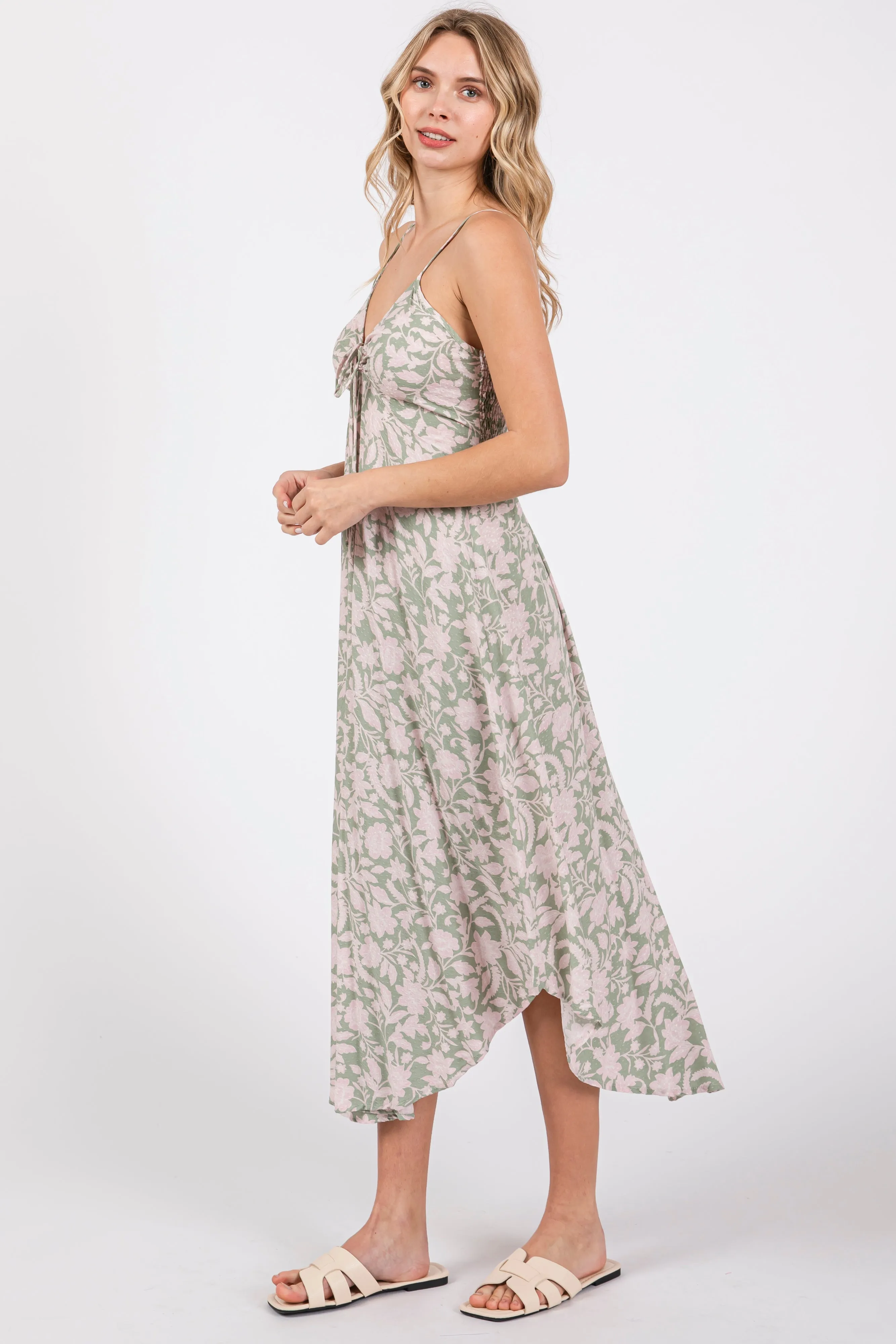 Light Olive Floral Front Tie V-Neck Midi Dress sold by Pinkblush product image thumbnail 2
