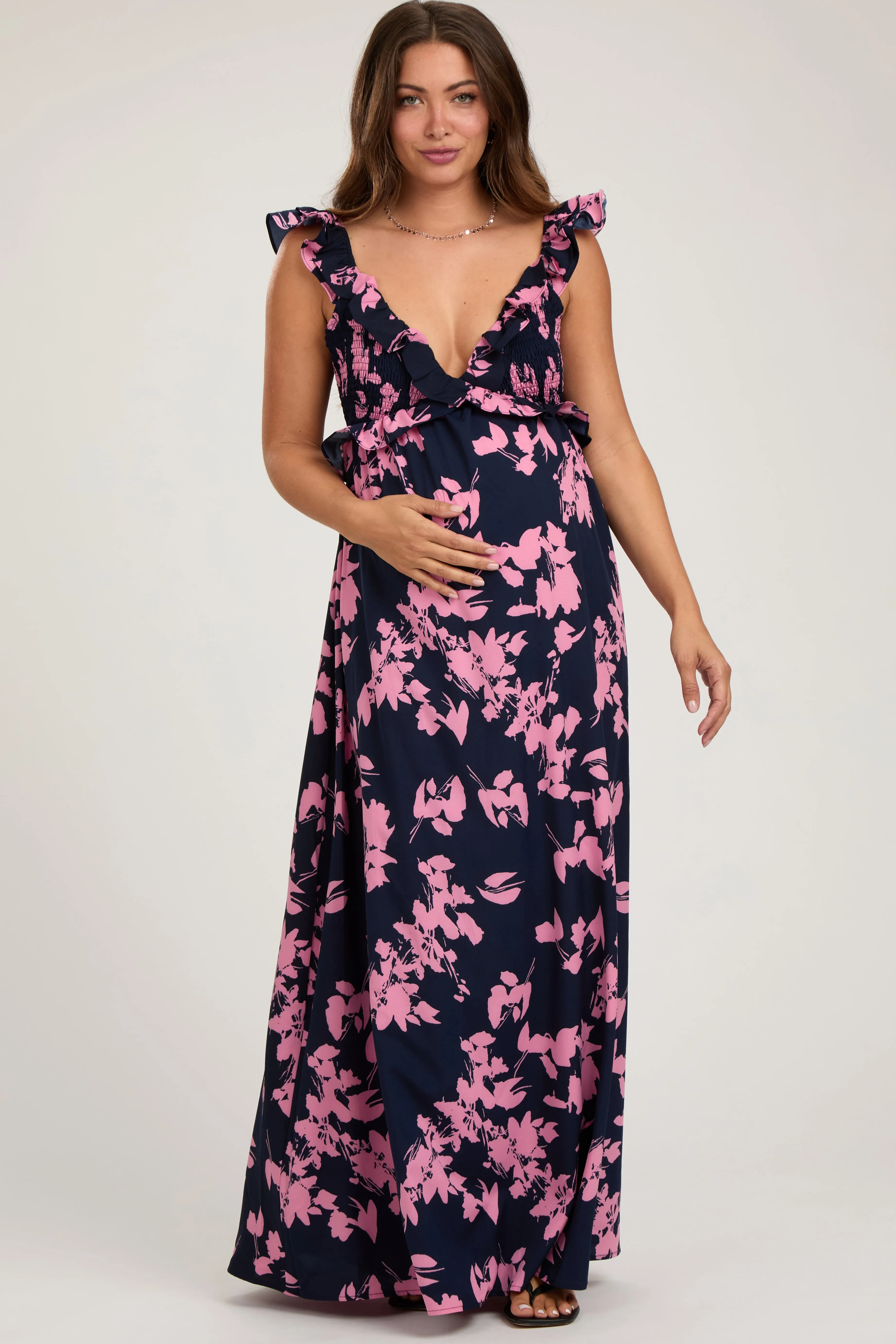 Navy Blue Floral Ruffle V-Neck Back Cutout Maternity Maxi Dress sold by Pinkblush