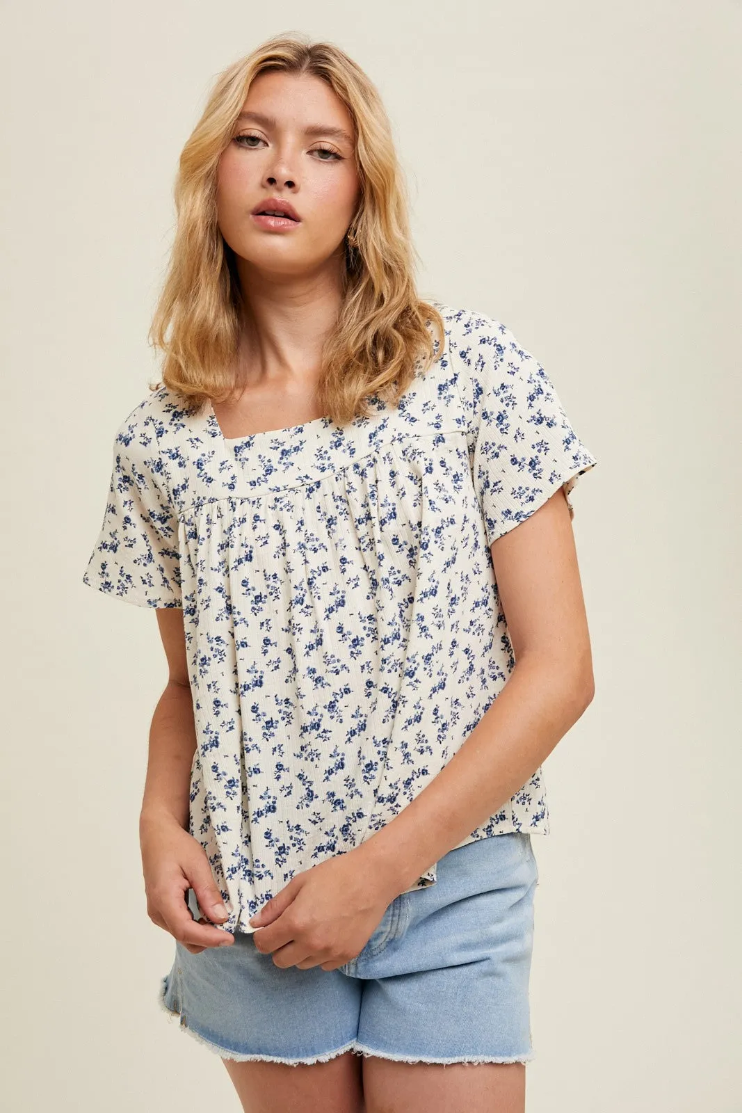 Cream Blue Floral Square Neck Blouse sold by Pinkblush