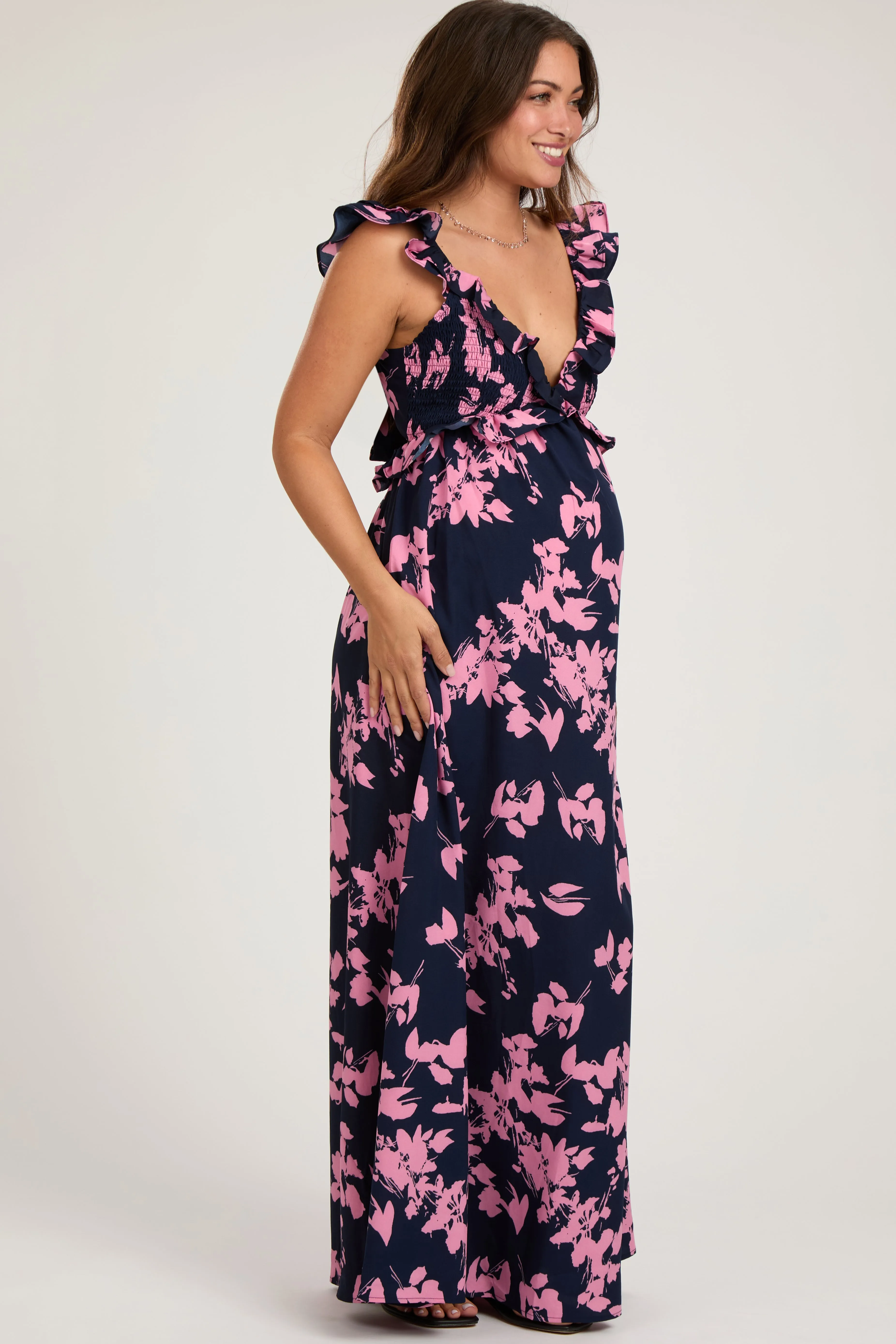 Navy Blue Floral Ruffle V-Neck Back Cutout Maternity Maxi Dress sold by Pinkblush product image thumbnail 2