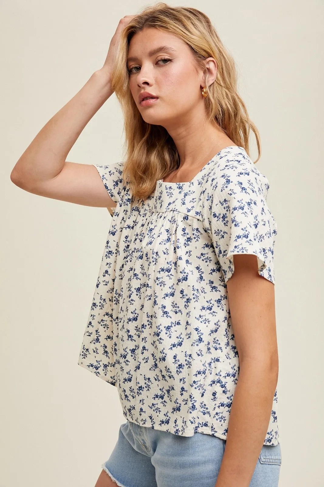 Cream Blue Floral Square Neck Blouse sold by Pinkblush product image thumbnail 2