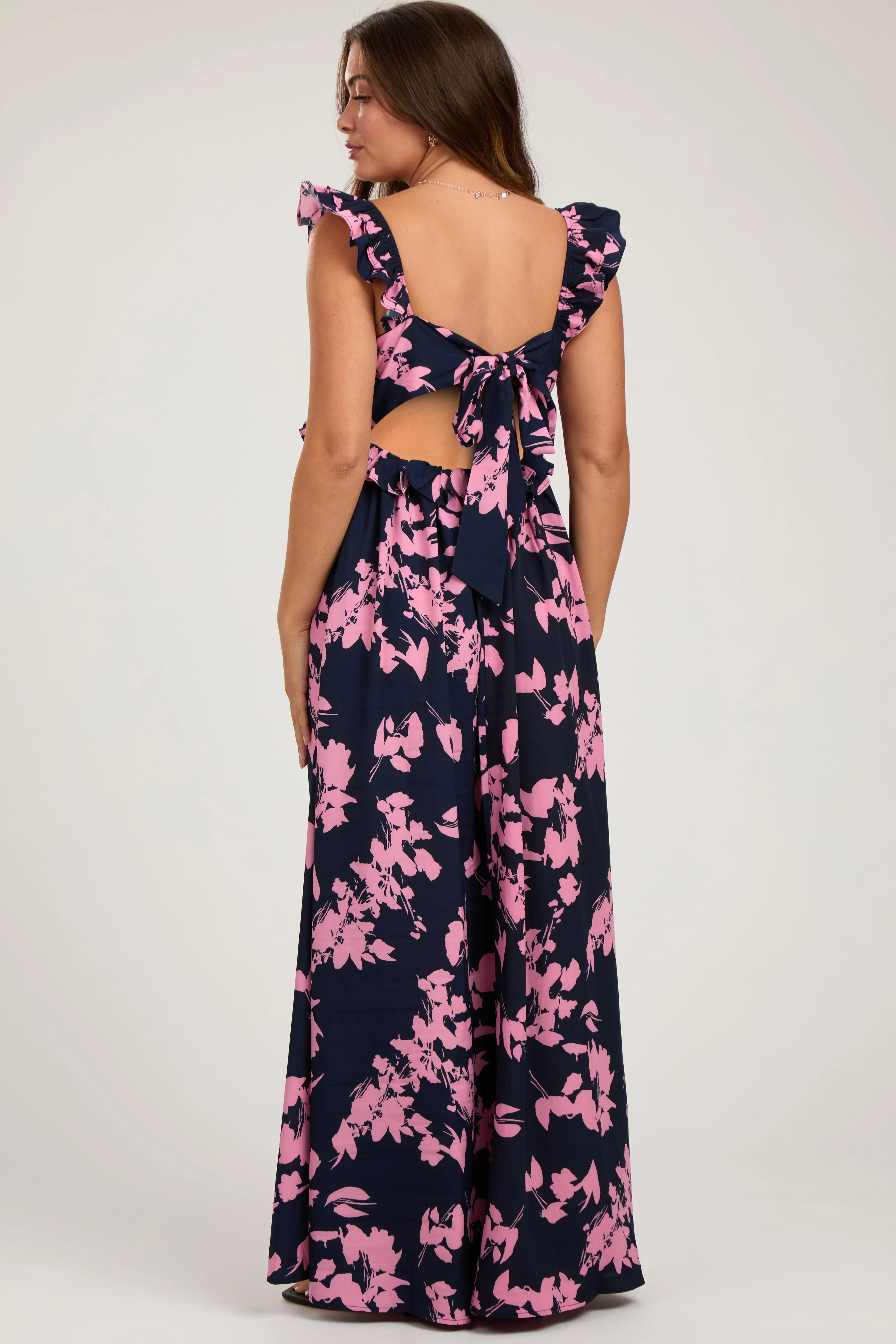 Navy Blue Floral Ruffle V-Neck Back Cutout Maternity Maxi Dress sold by Pinkblush product image thumbnail 3