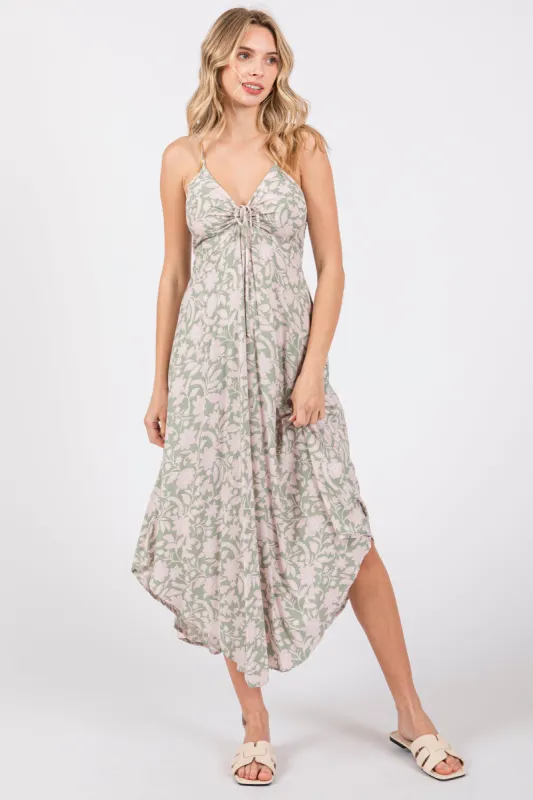 Light Olive Floral Front Tie V-Neck Midi Dress sold by Pinkblush