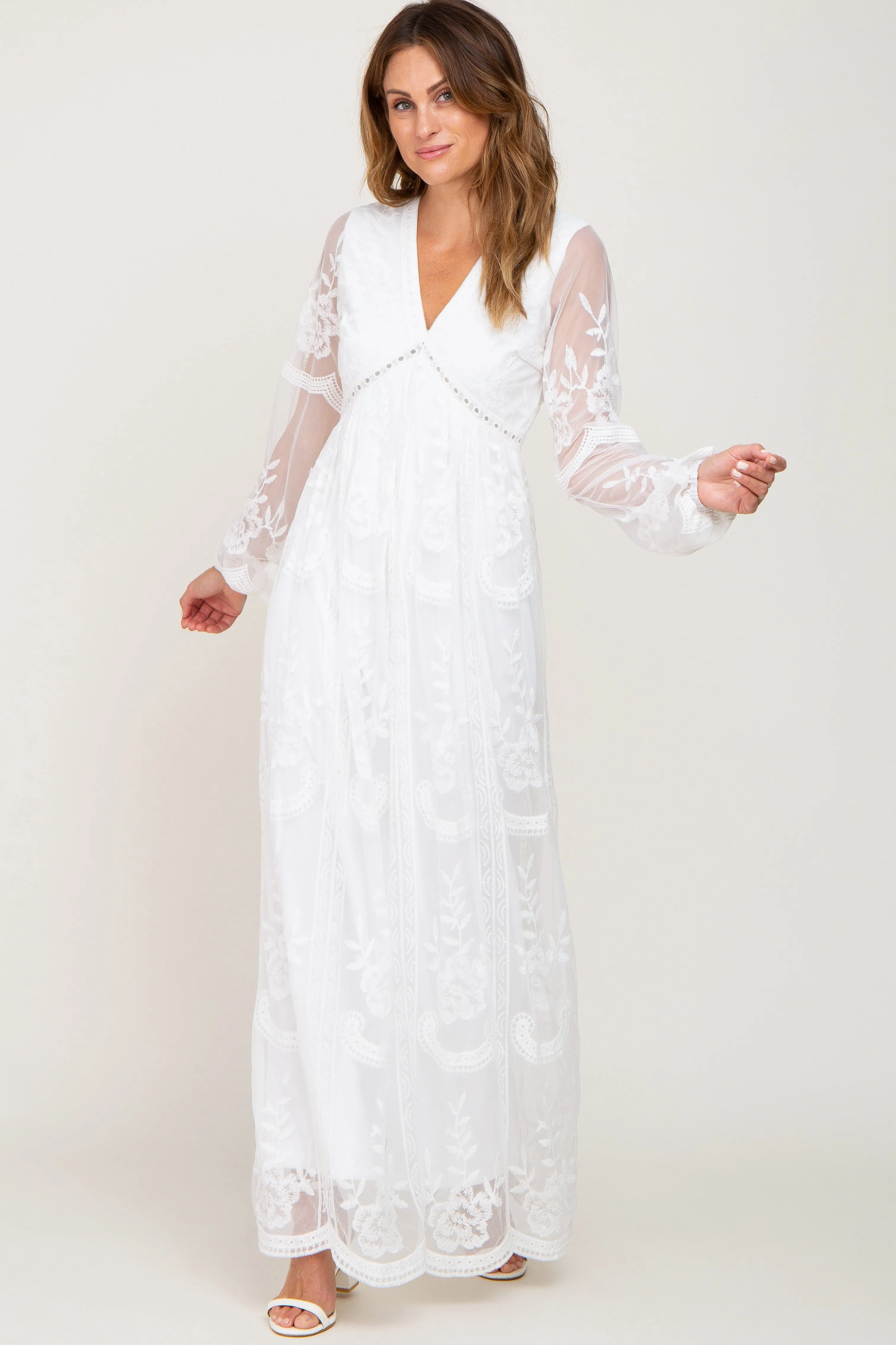 PinkBlush White Lace Mesh Overlay Long Sleeve Maternity Maxi Dress sold by Pinkblush product image thumbnail 4