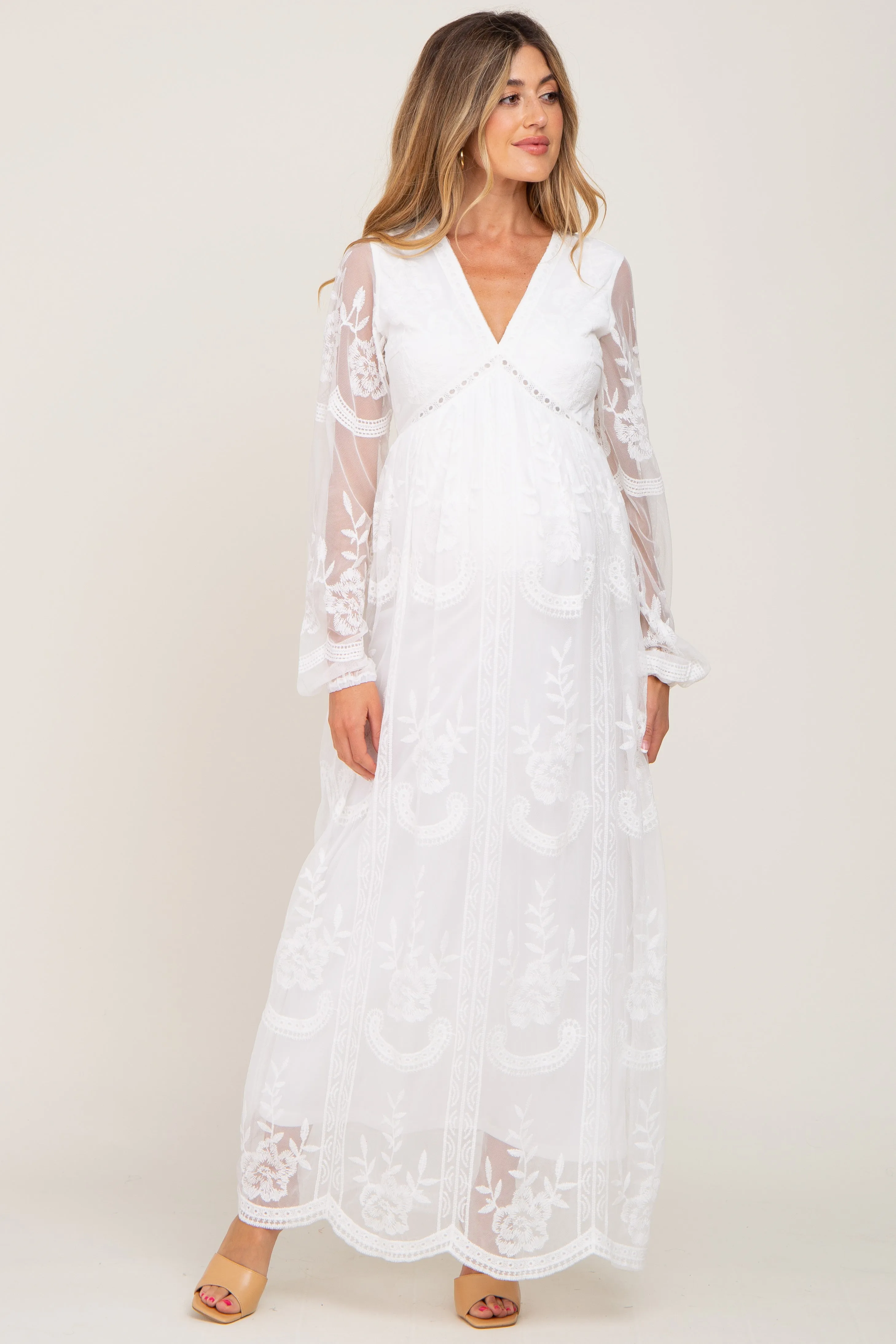 PinkBlush White Lace Mesh Overlay Long Sleeve Maternity Maxi Dress sold by Pinkblush