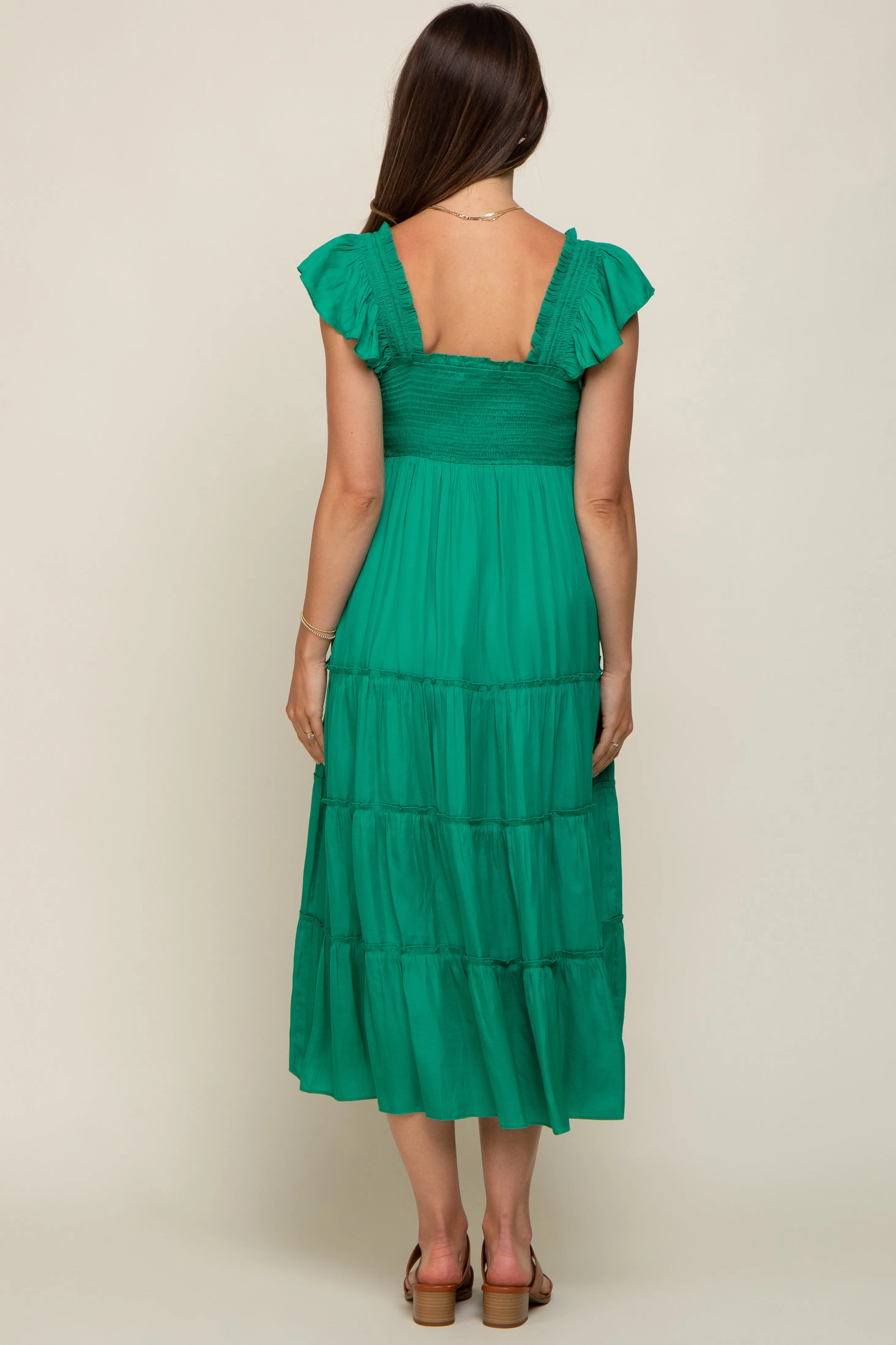 Green Satin Square Ruffle Neck Smocked Sleeveless Maternity Midi Dress sold by Pinkblush product image thumbnail 4