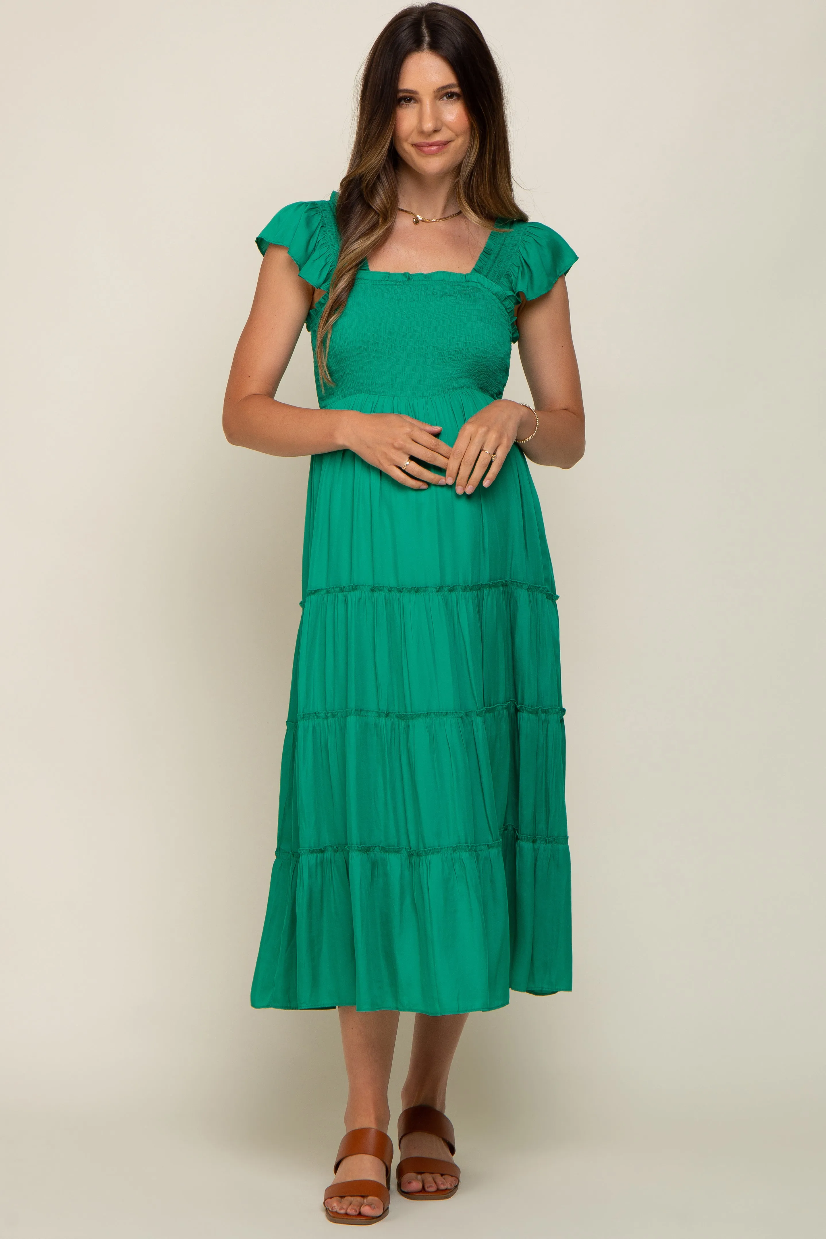 Green Satin Square Ruffle Neck Smocked Sleeveless Maternity Midi Dress sold by Pinkblush