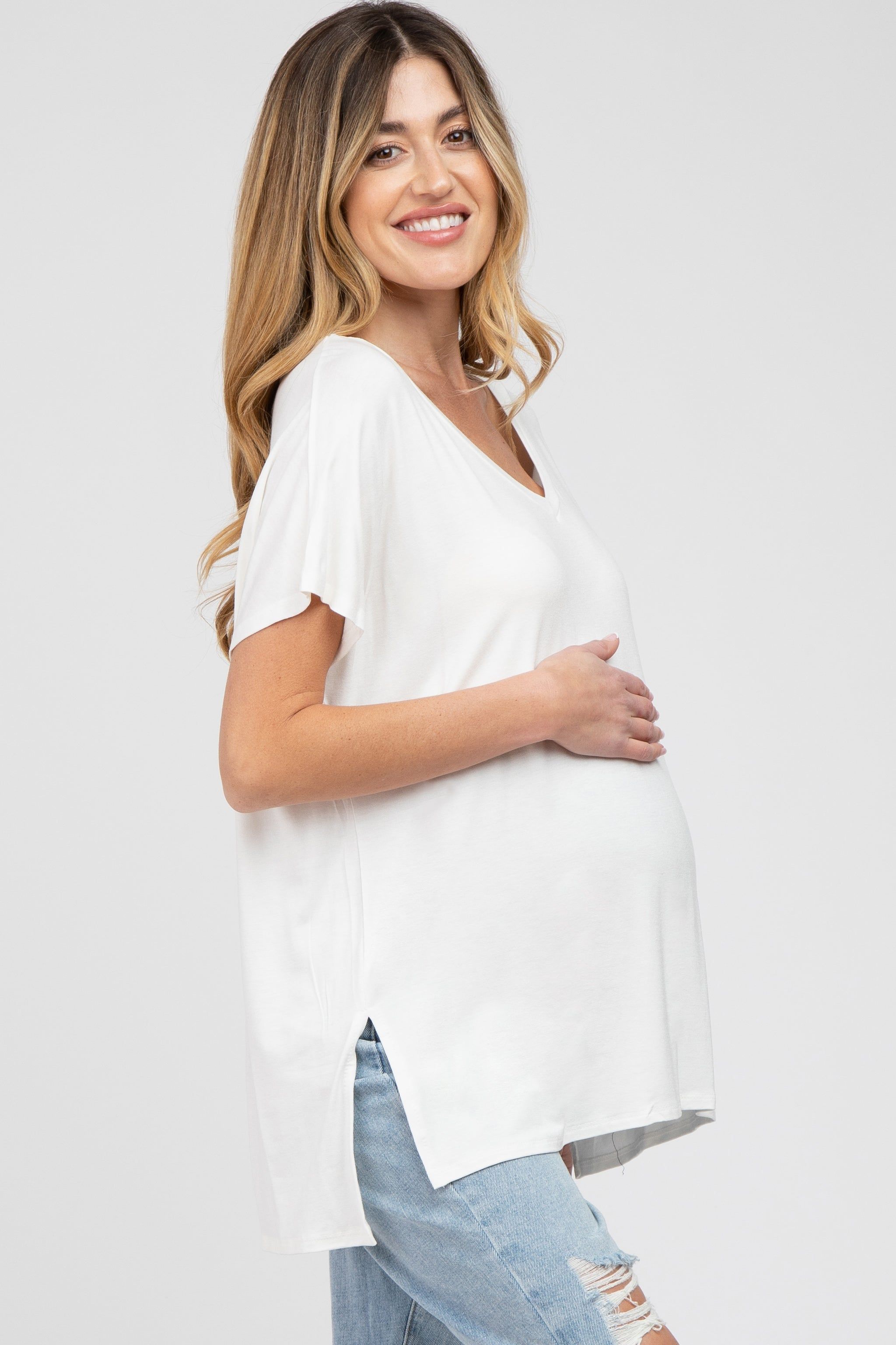 Ivory V-Neck Oversized Maternity Short Sleeve Top sold by Pinkblush product image thumbnail 2