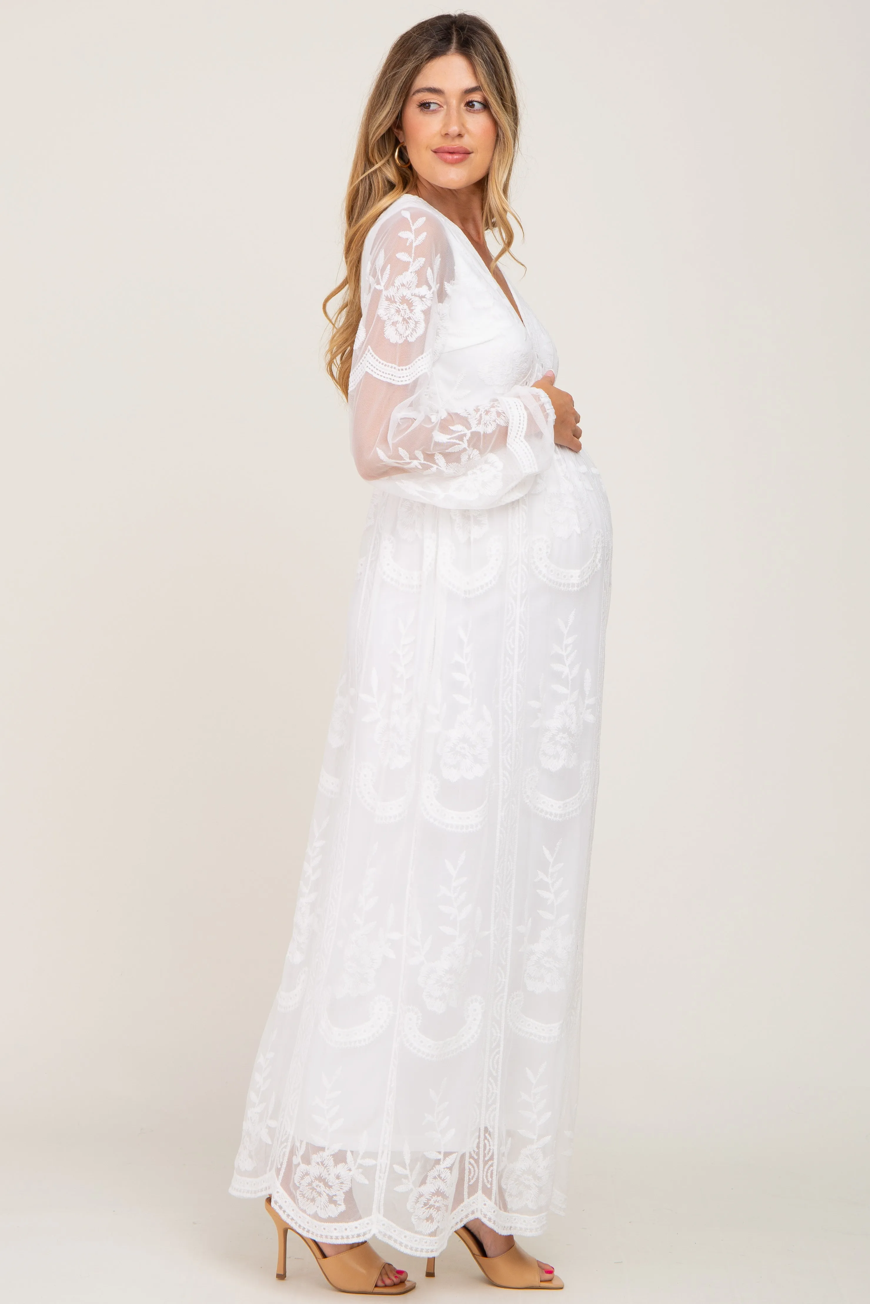 PinkBlush White Lace Mesh Overlay Long Sleeve Maternity Maxi Dress sold by Pinkblush product image thumbnail 2