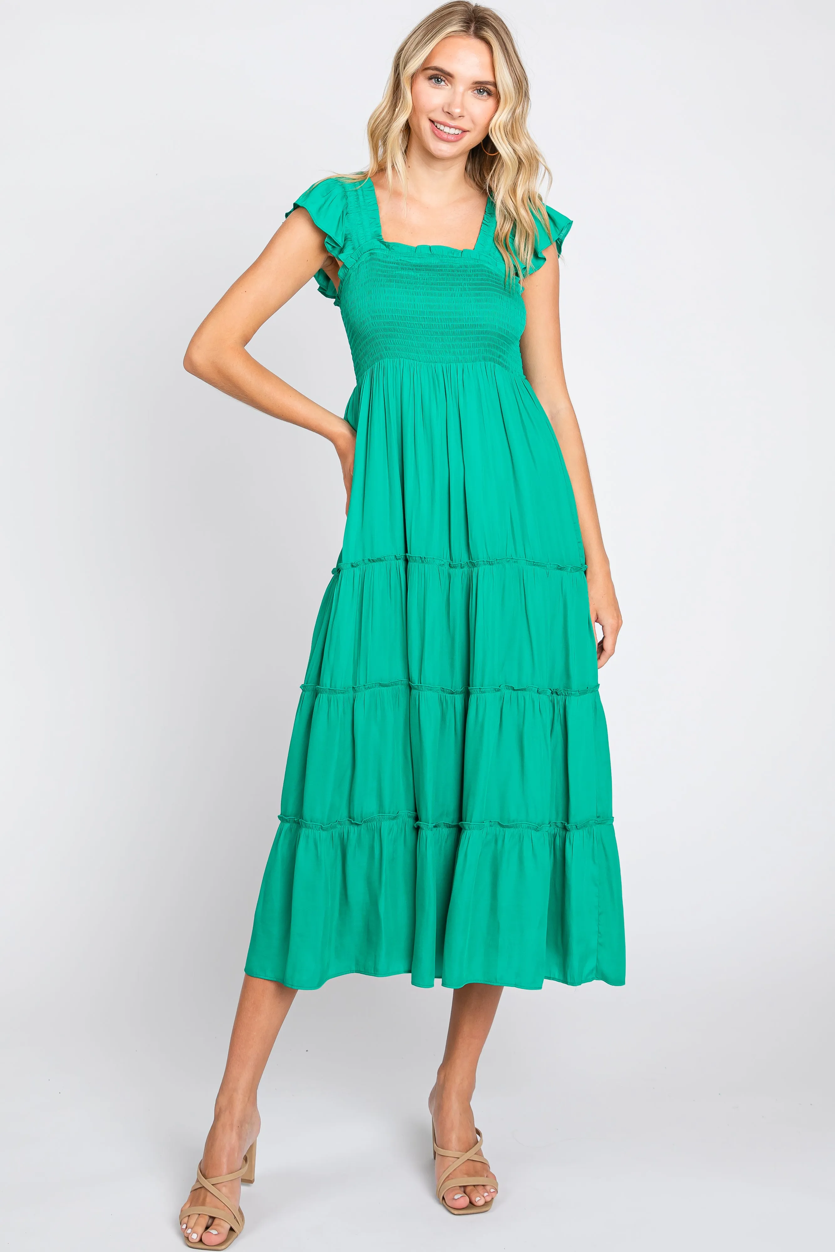 Green Satin Square Ruffle Neck Smocked Sleeveless Maternity Midi Dress sold by Pinkblush product image thumbnail 5