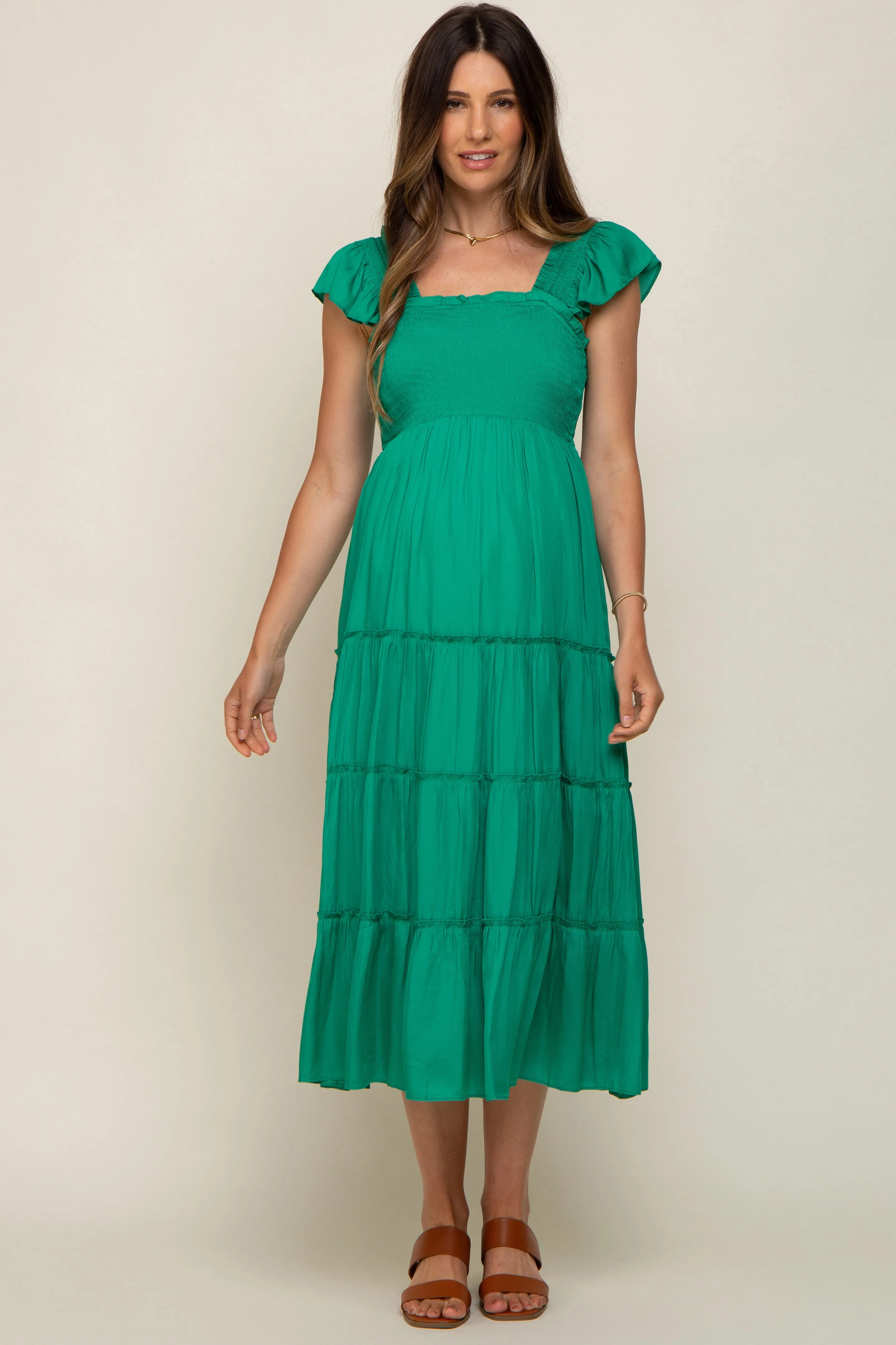 Green Satin Square Ruffle Neck Smocked Sleeveless Maternity Midi Dress sold by Pinkblush product image thumbnail 2