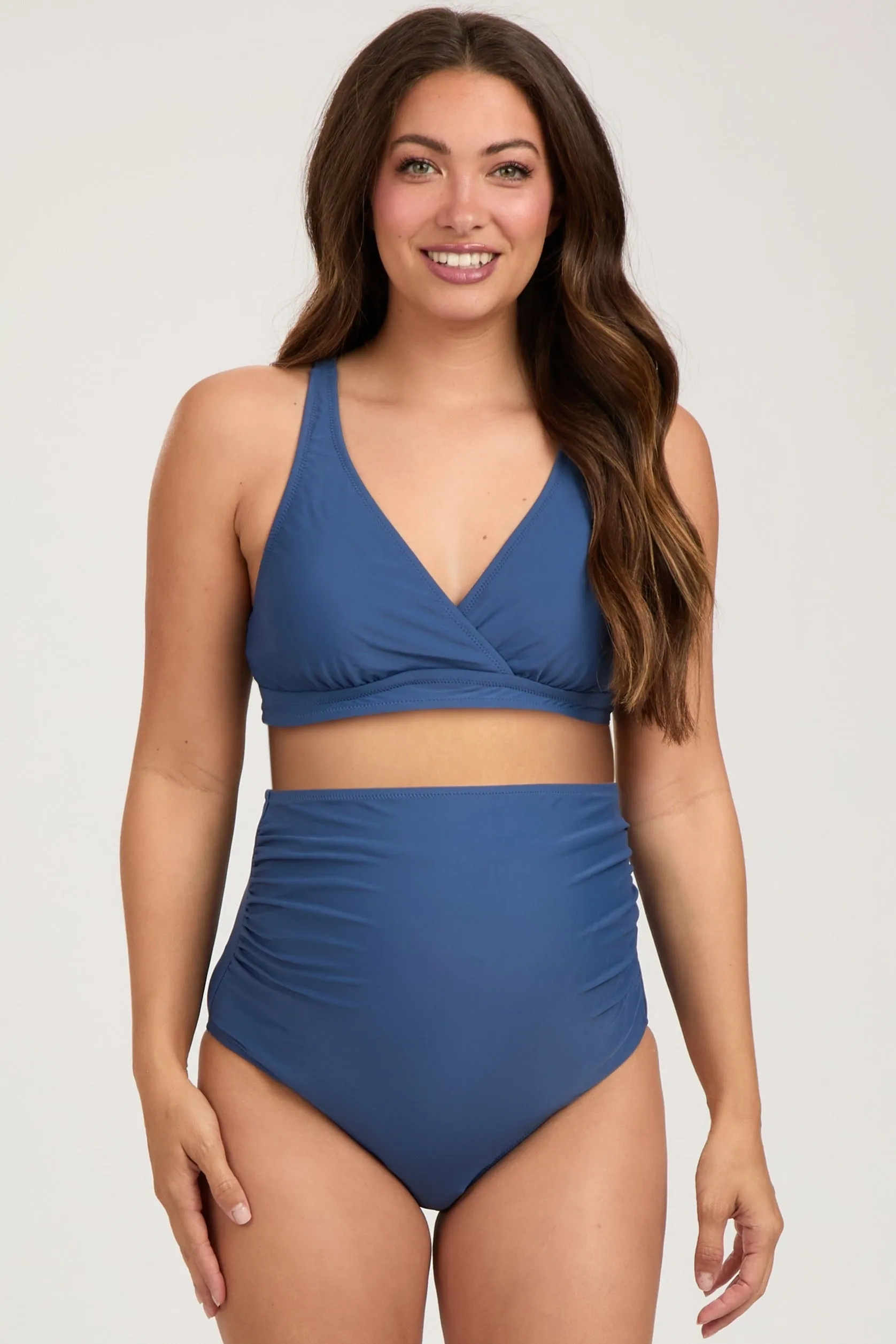 Blue High Waist Maternity Bikini Set sold by Pinkblush