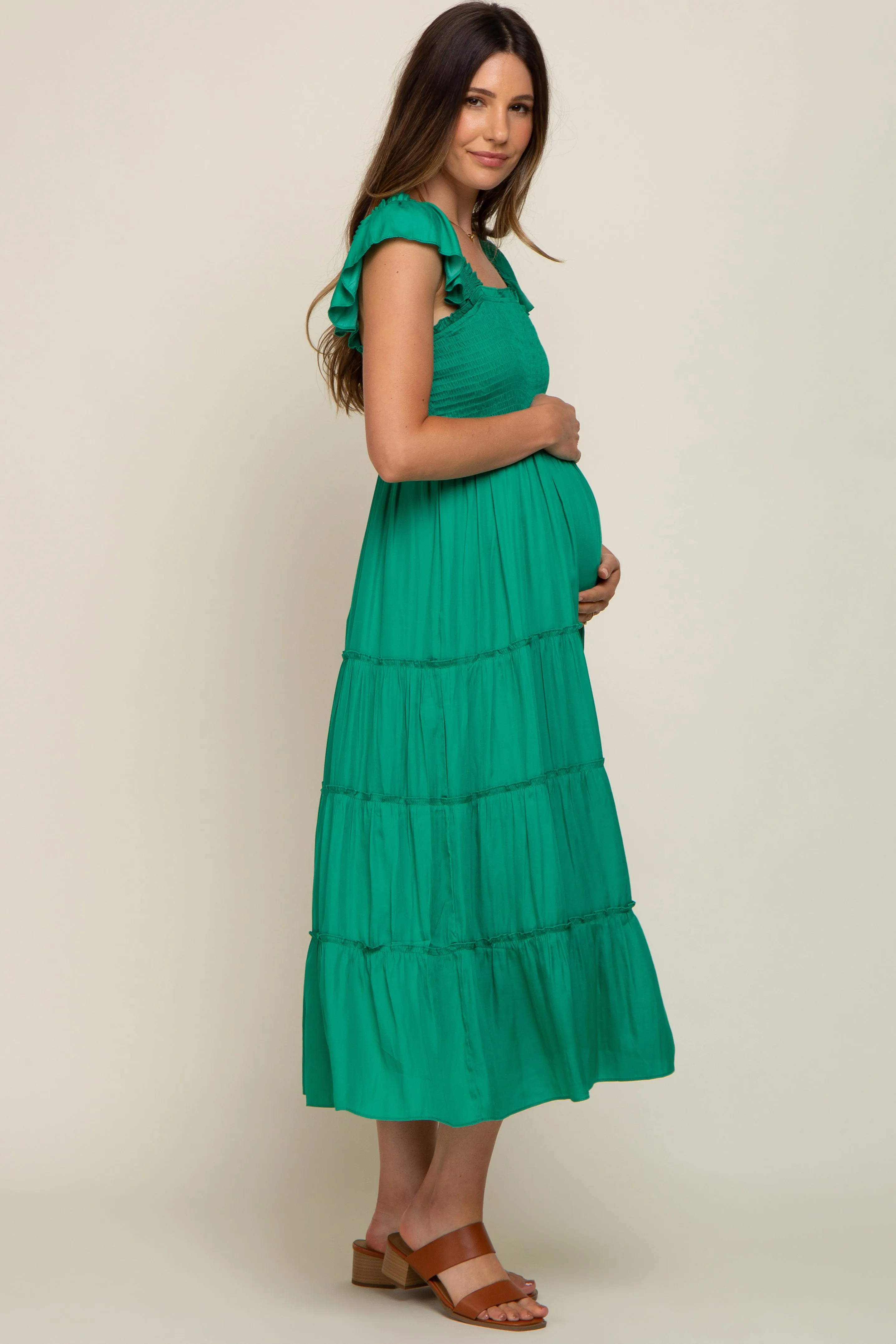 Green Satin Square Ruffle Neck Smocked Sleeveless Maternity Midi Dress sold by Pinkblush product image thumbnail 3