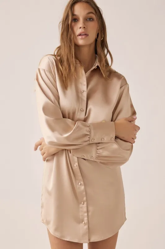 Latte Satin Shirt Mini Dress sold by Pinkblush