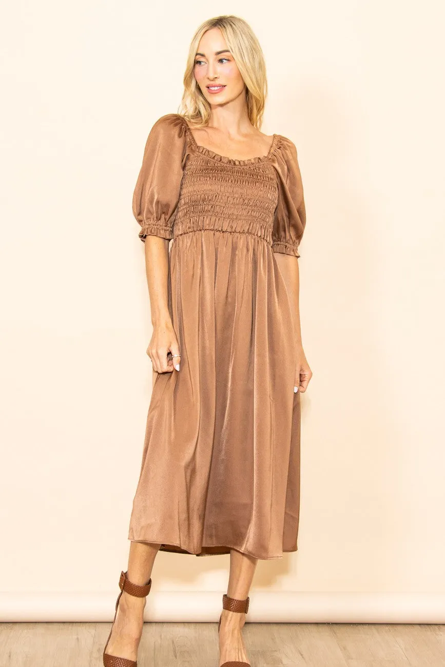 Mocha Satin Smocked Maternity Midi Dress sold by Pinkblush product image thumbnail 4
