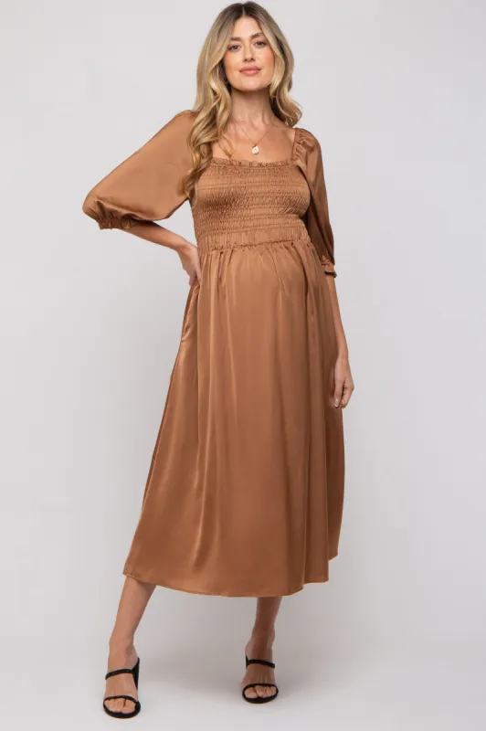 Mocha Satin Smocked Maternity Midi Dress sold by Pinkblush