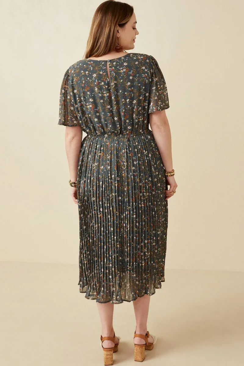 Forest Green Floral Pleated Chiffon Plus Midi Dress sold by Pinkblush product image thumbnail 3