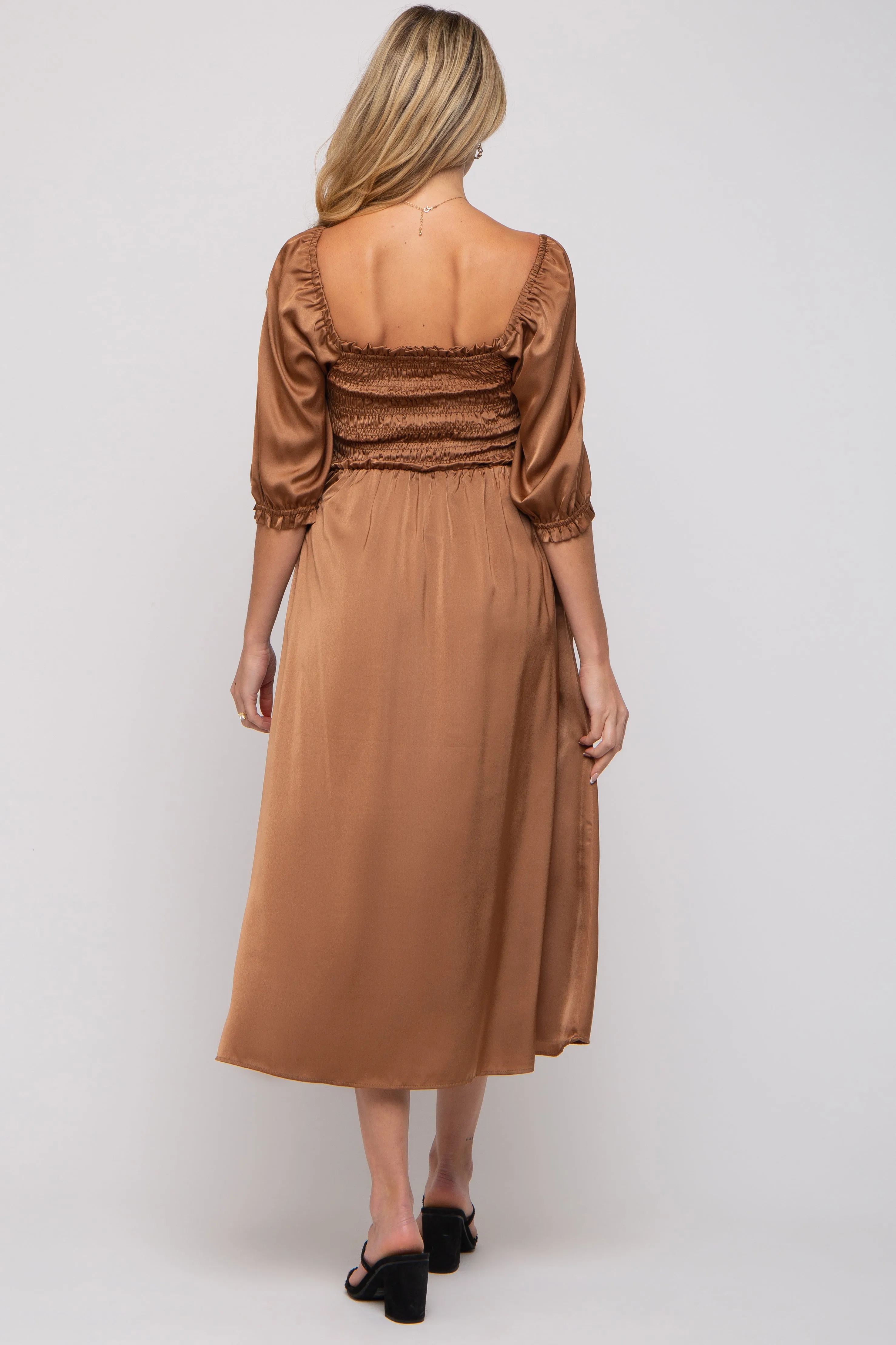 Mocha Satin Smocked Maternity Midi Dress sold by Pinkblush product image thumbnail 2