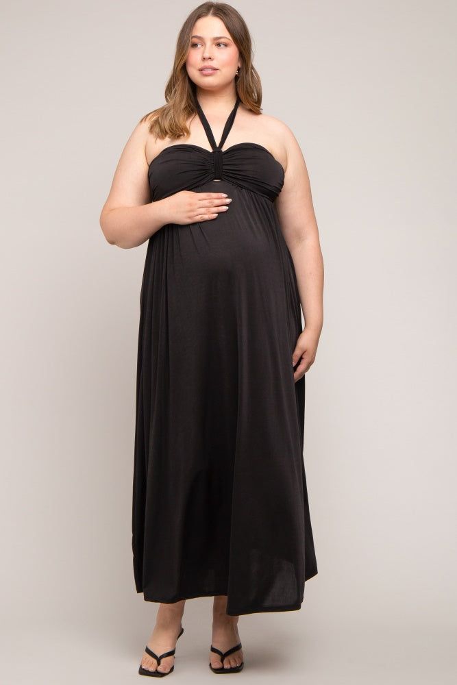 Black Front Knot Halter Maternity Plus Maxi Dress sold by Pinkblush product image thumbnail 4