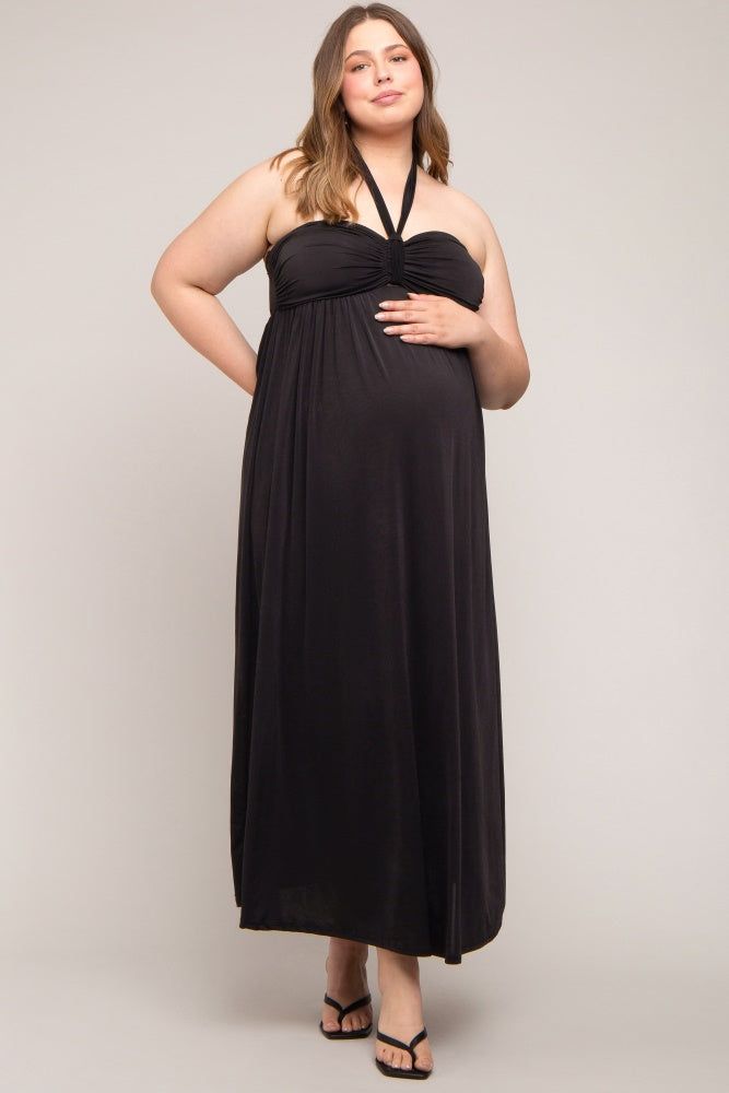 Black Front Knot Halter Maternity Plus Maxi Dress sold by Pinkblush