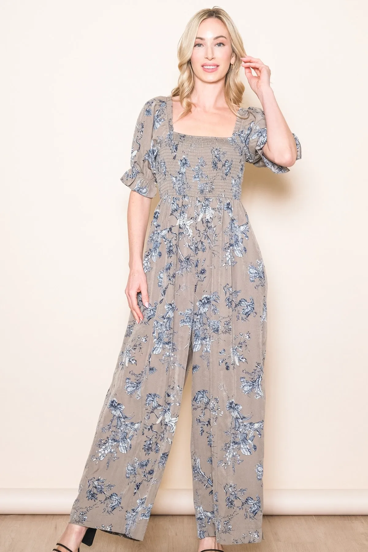 Taupe Floral Smocked Square Neck Wide Leg Jumpsuit sold by Pinkblush product image thumbnail 2