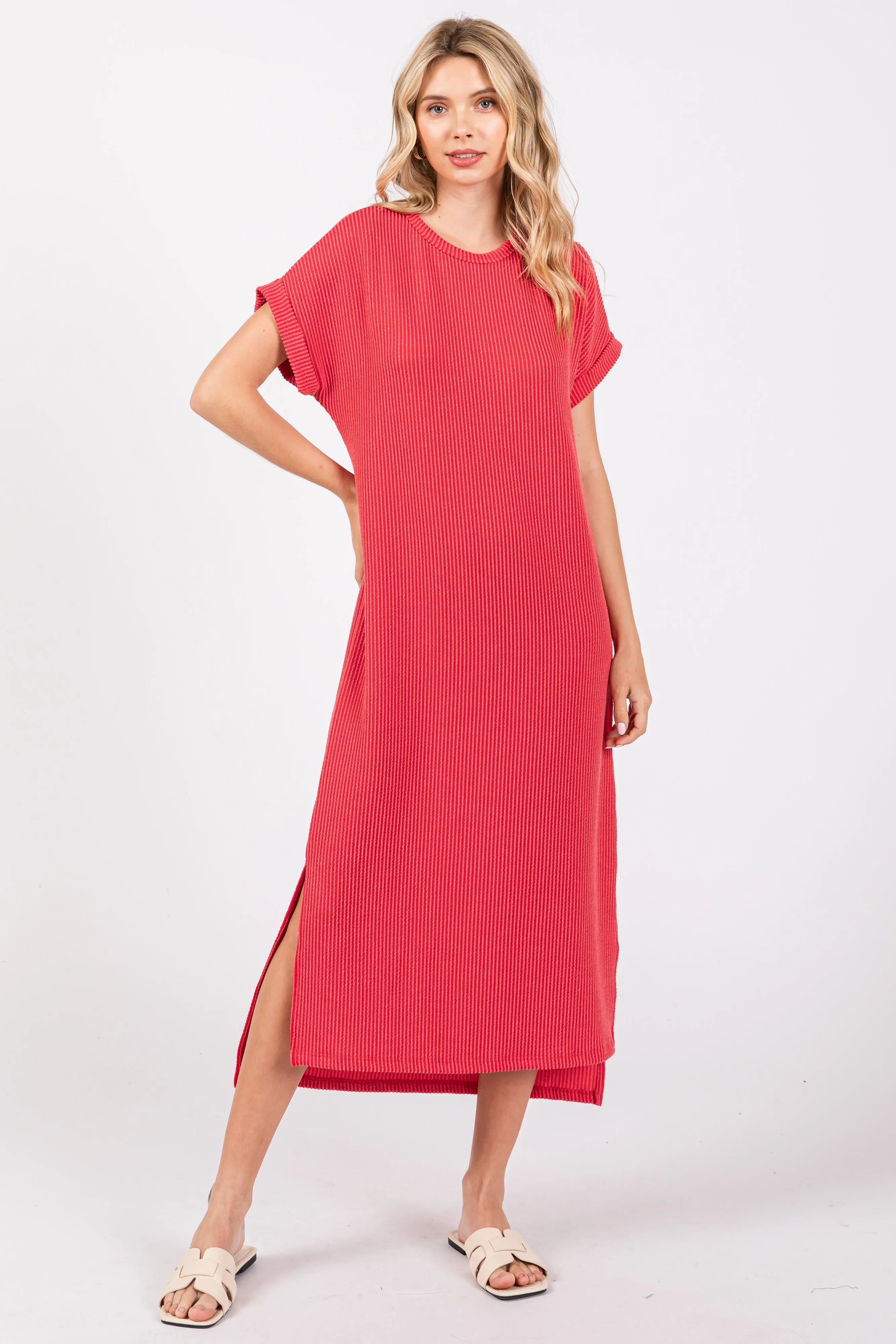 Red Ribbed Short Sleeve Midi Dress sold by Pinkblush
