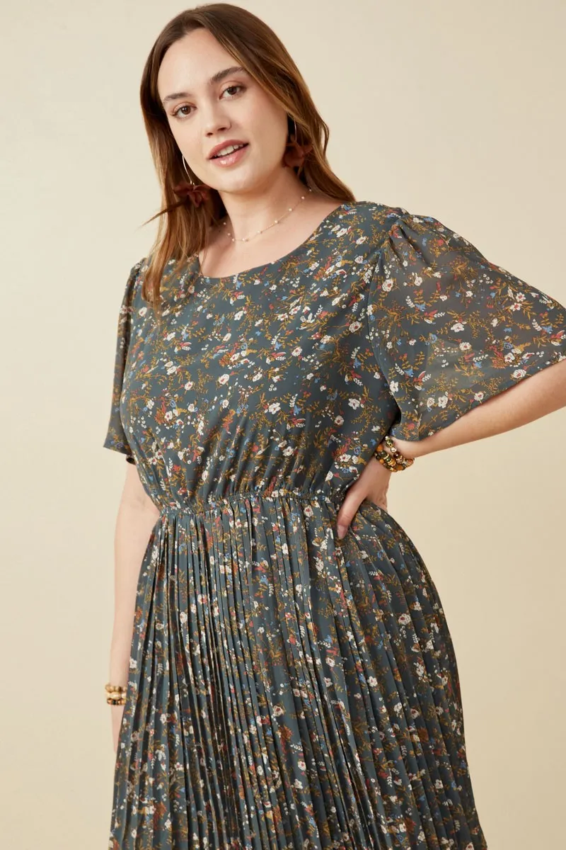 Forest Green Floral Pleated Chiffon Plus Midi Dress sold by Pinkblush product image thumbnail 4