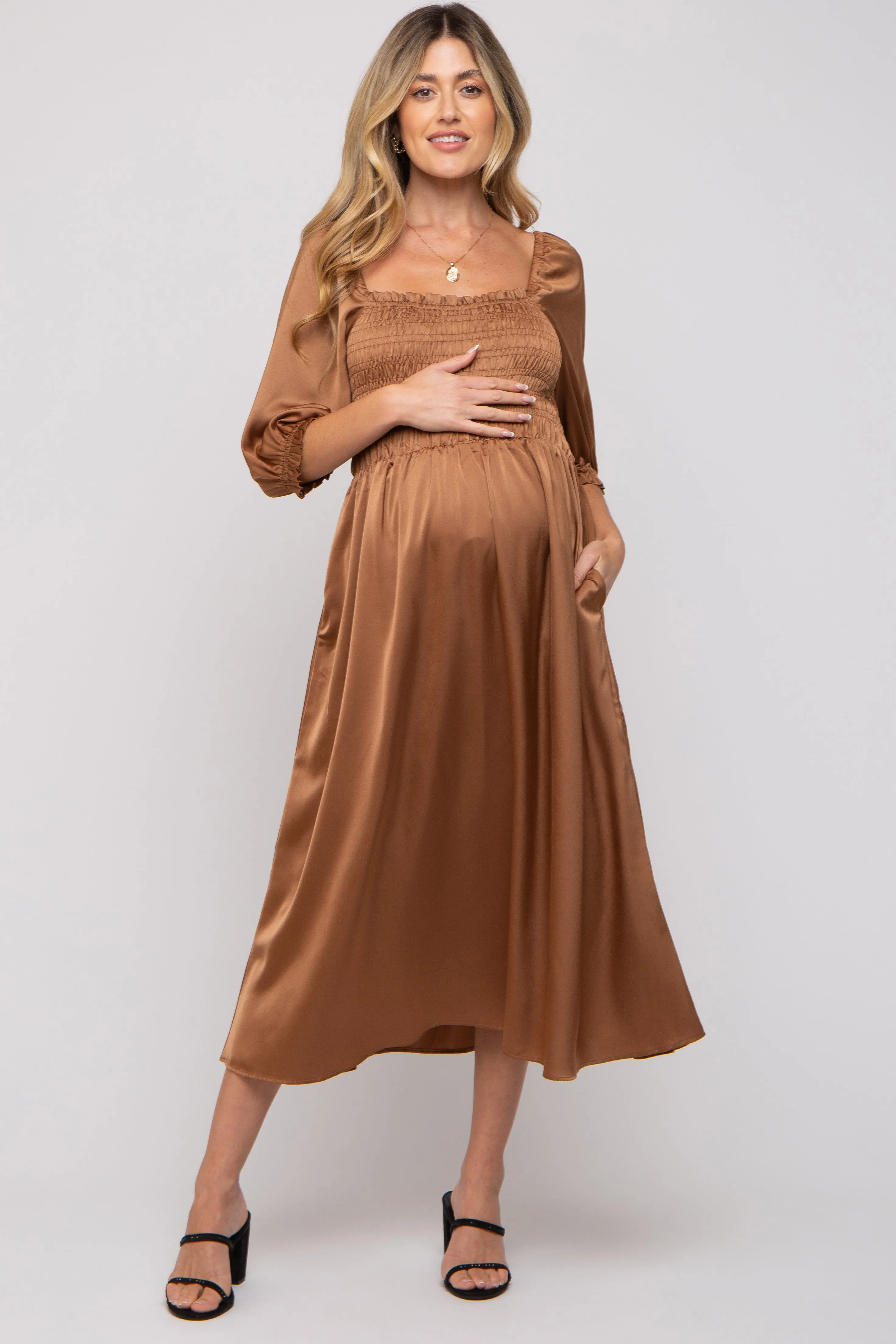 Mocha Satin Smocked Maternity Midi Dress sold by Pinkblush product image thumbnail 3
