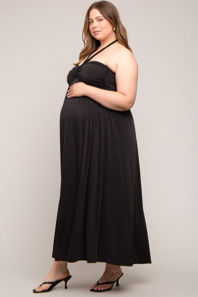 Black Front Knot Halter Maternity Plus Maxi Dress sold by Pinkblush product image thumbnail 2