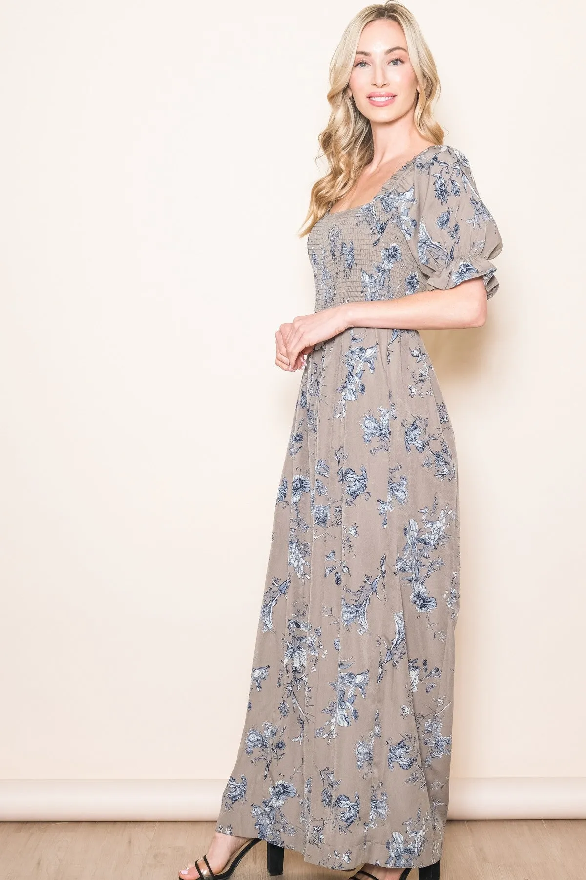 Taupe Floral Smocked Square Neck Wide Leg Jumpsuit sold by Pinkblush product image thumbnail 3