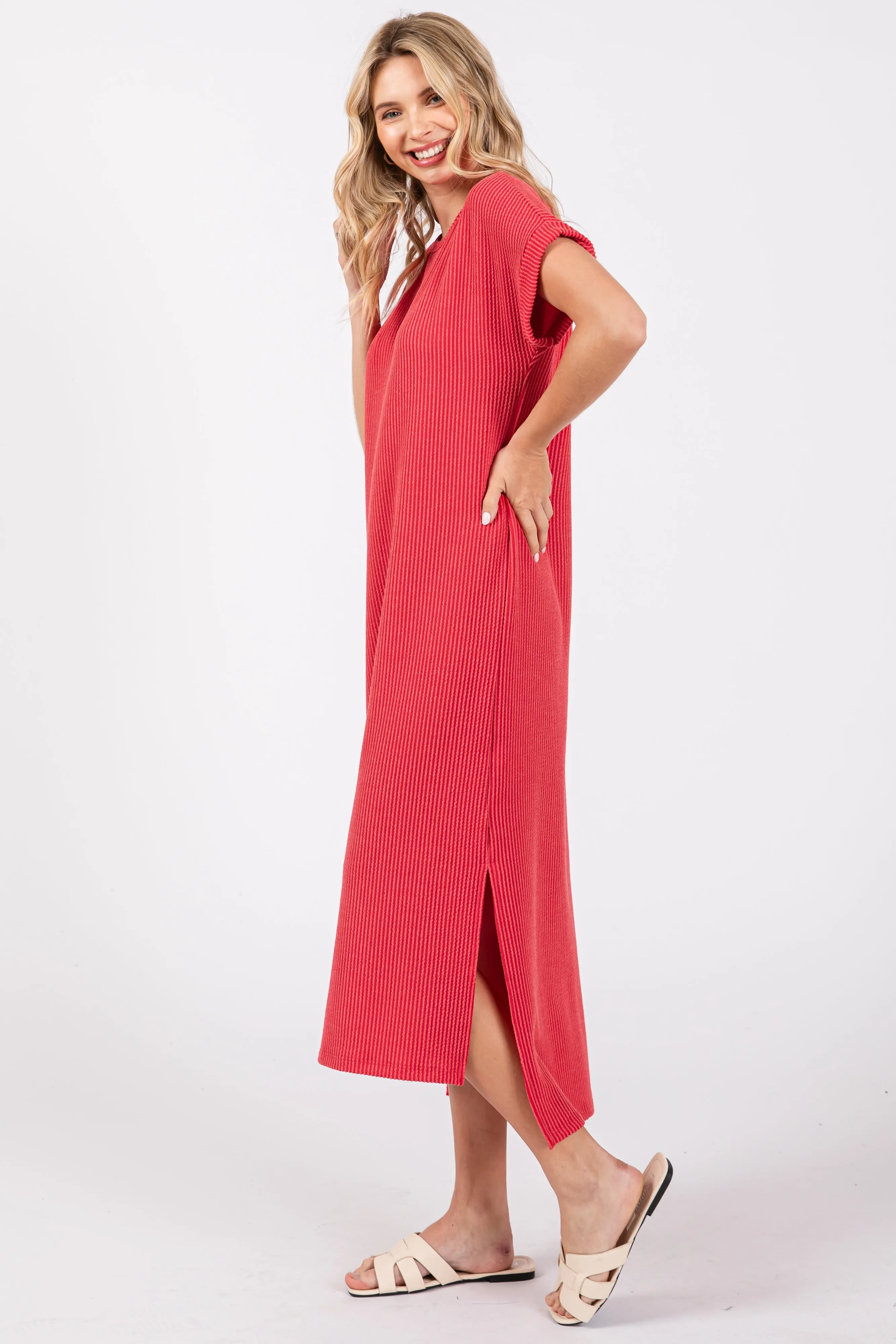 Red Ribbed Short Sleeve Midi Dress sold by Pinkblush product image thumbnail 2