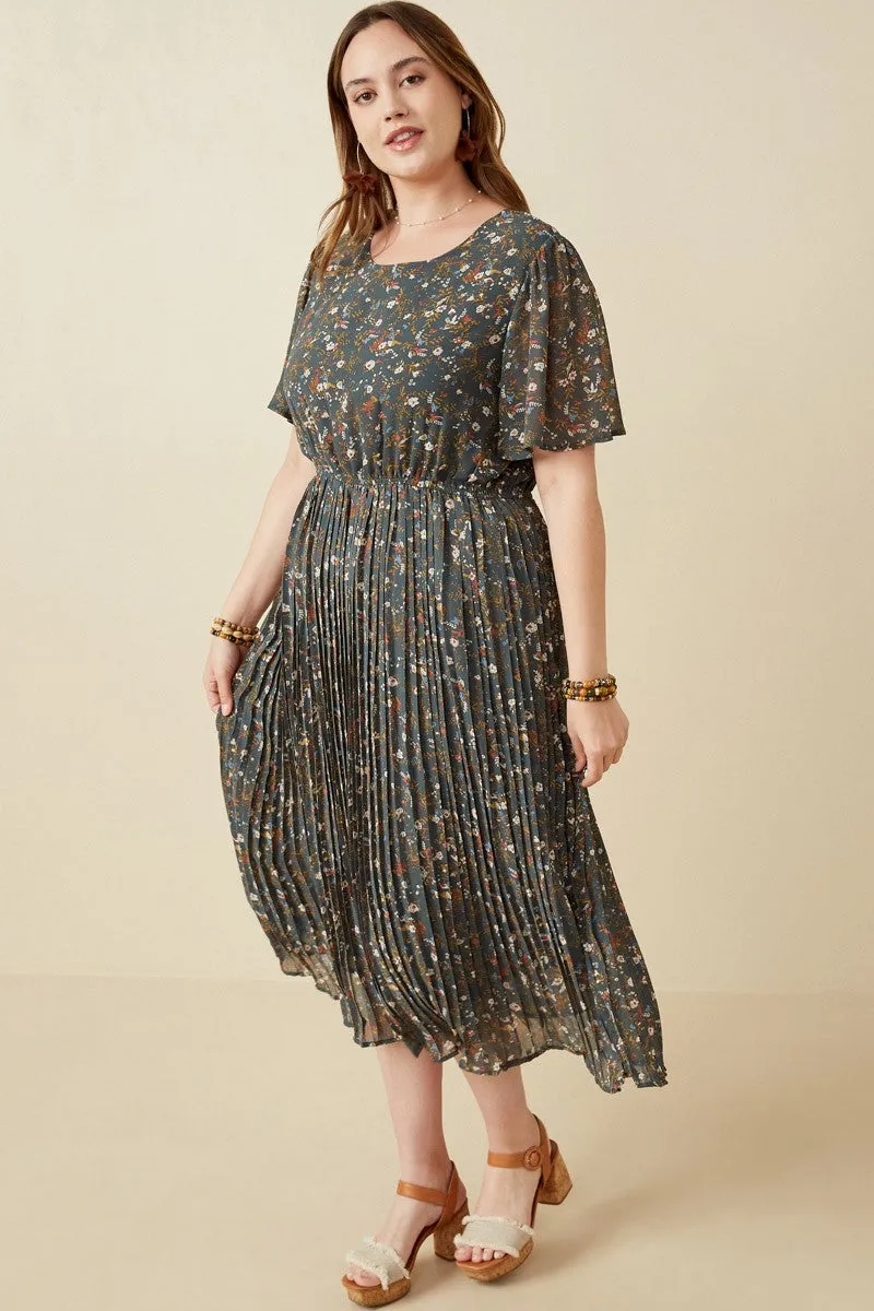 Forest Green Floral Pleated Chiffon Plus Midi Dress sold by Pinkblush product image thumbnail 2